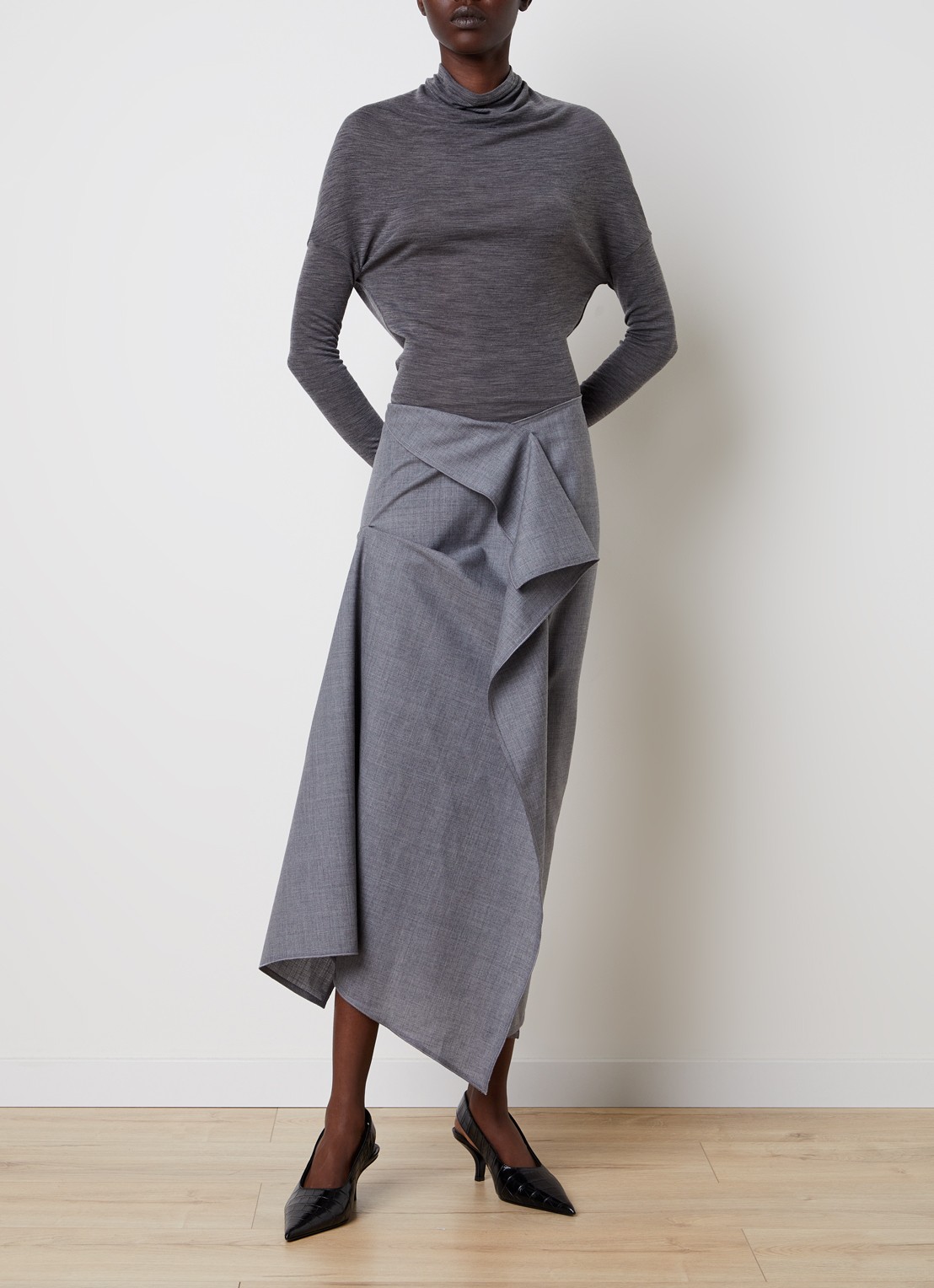 Victoria Beckham Midi rok van wol met asymmetrisch detail - voorkant 5 grijsmele