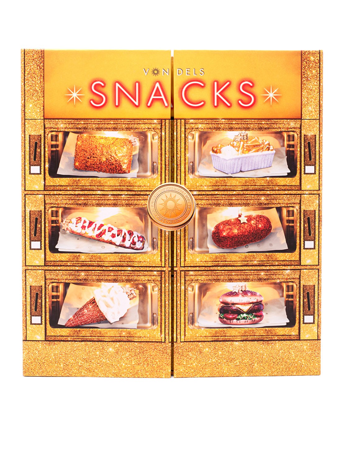 Vondels Adventskalender Snackbox kersthanger set van 6 - voorkant goud