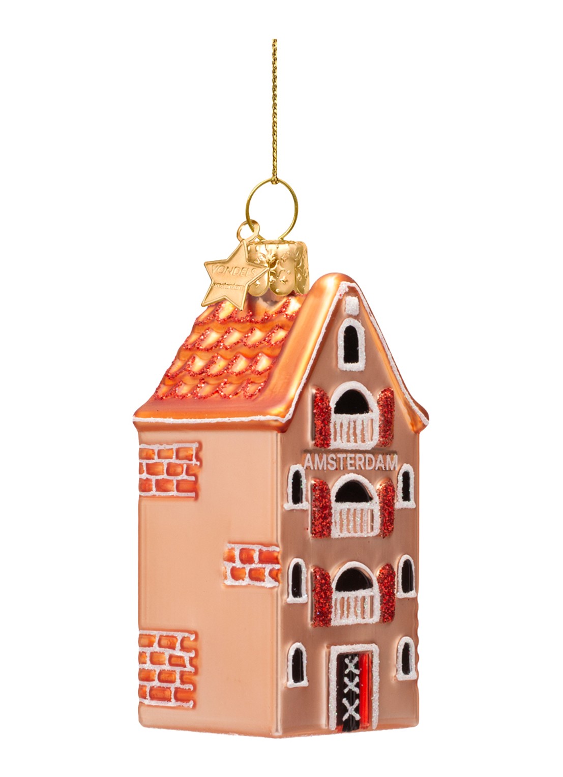 Vondels Amsterdam Grachtenpand kersthanger 9 cm - detail 3 perzikroze