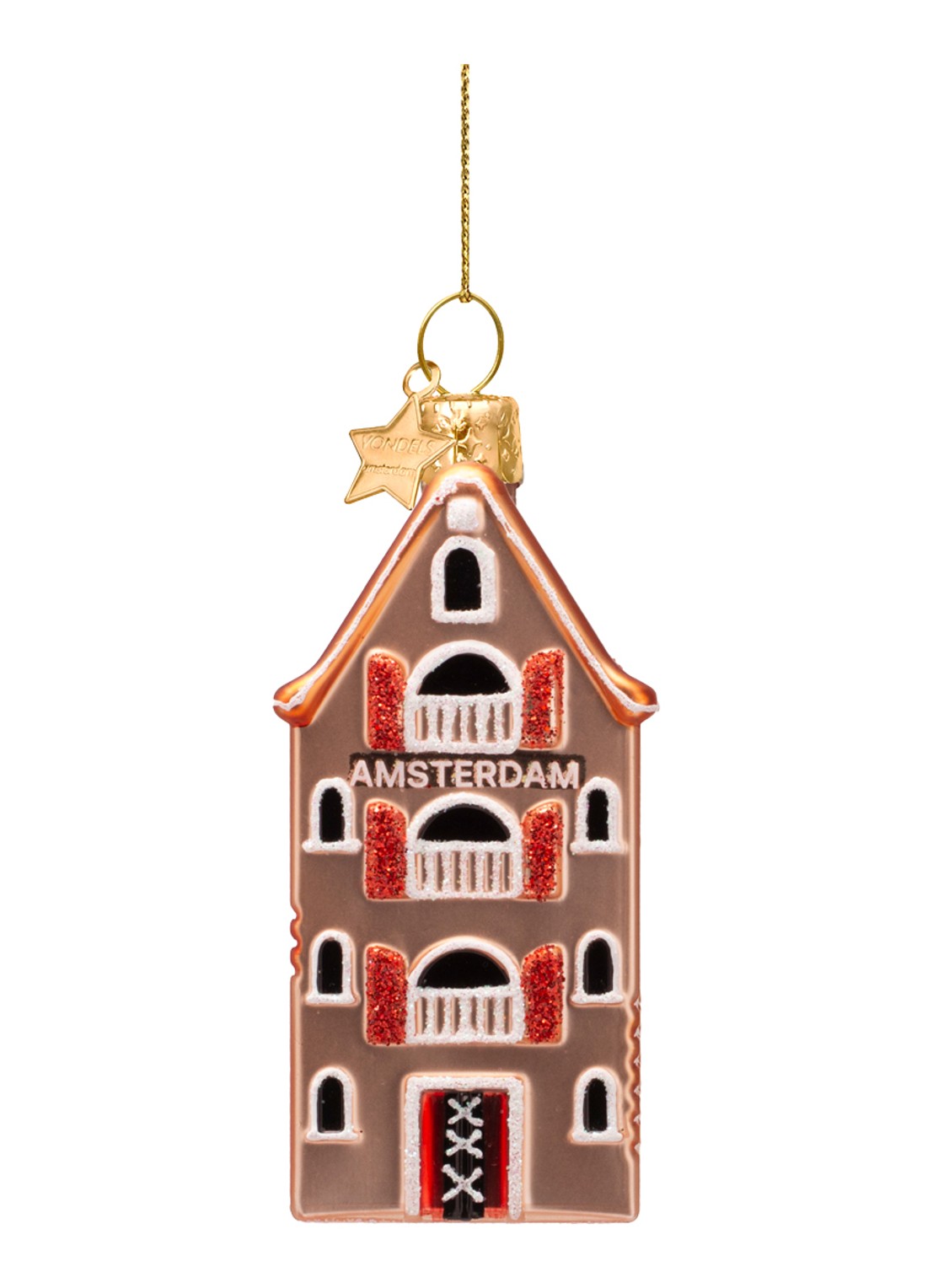 Vondels Amsterdam Grachtenpand kersthanger 9 cm - voorkant 4 perzikroze