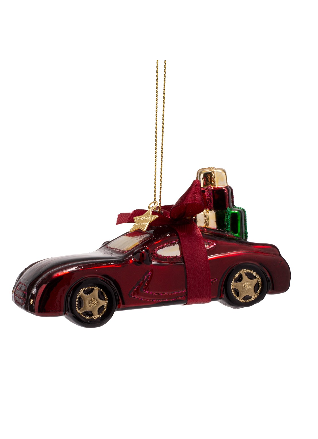 Vondels Auto Met Cadeaus kersthanger 5 cm - achterkant 3 bordeauxrood