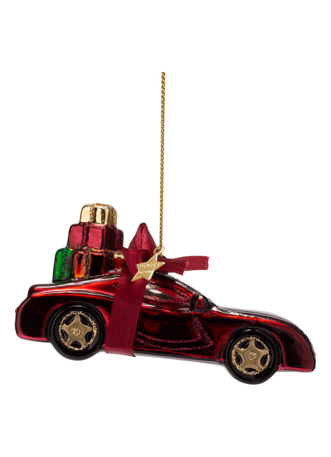 Vondels Auto Met Cadeaus kersthanger 5 cm - voorkant bordeauxrood