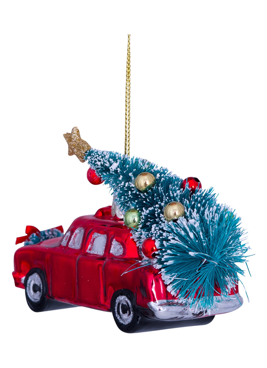 Vondels Auto met Kerstboom kersthanger 7,5 cm - achterkant 4 rood