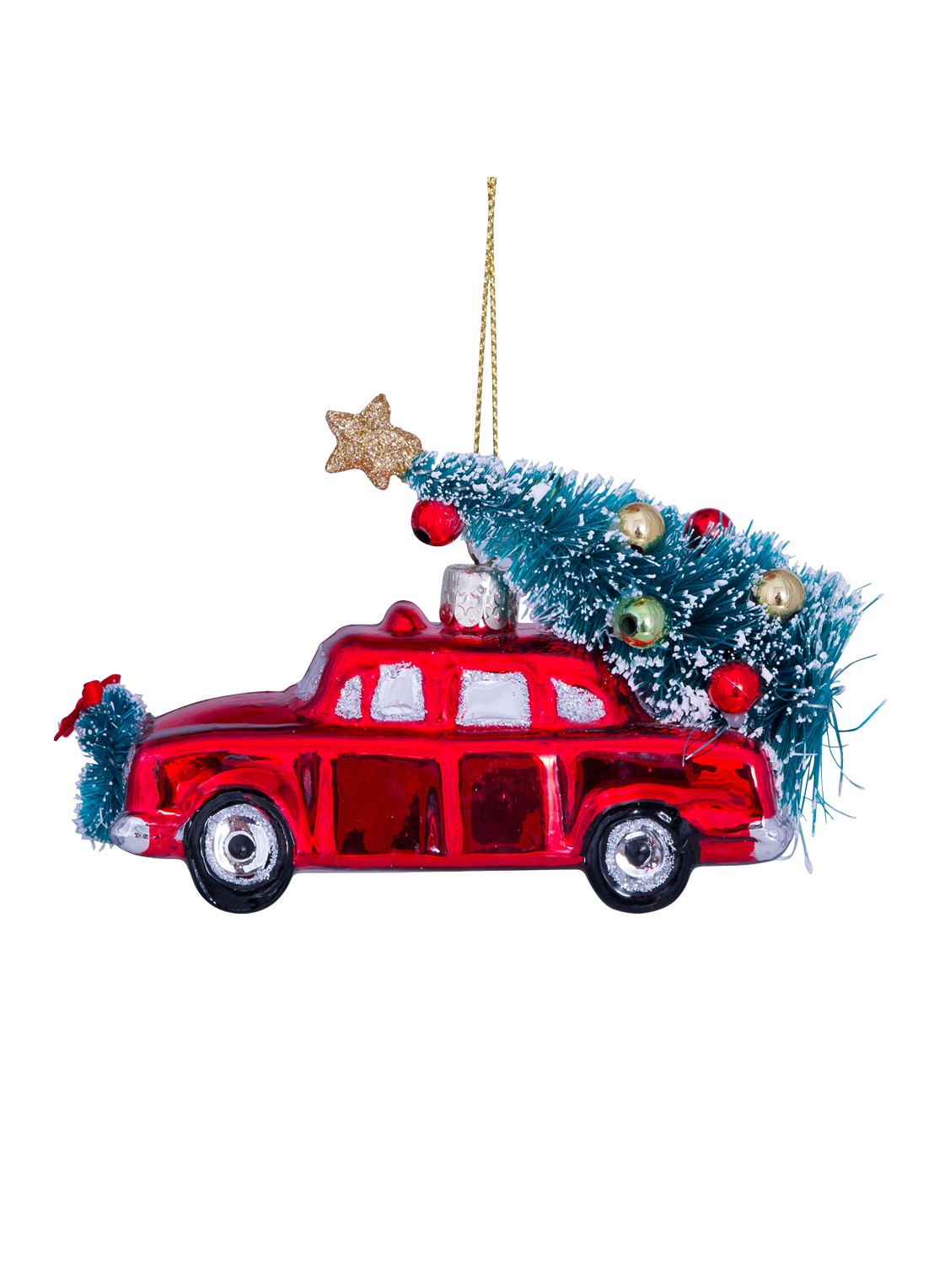 Vondels Auto met Kerstboom kersthanger 7,5 cm - detail rood