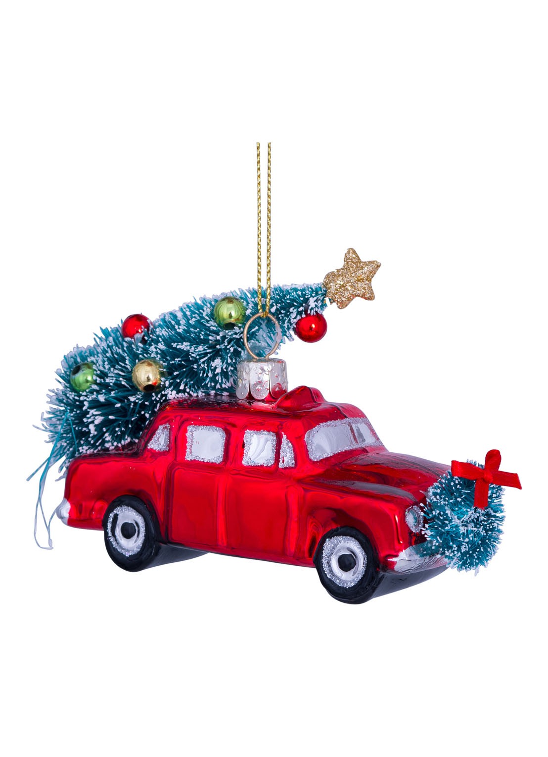 Vondels Auto met Kerstboom kersthanger 7,5 cm - detail 2 rood