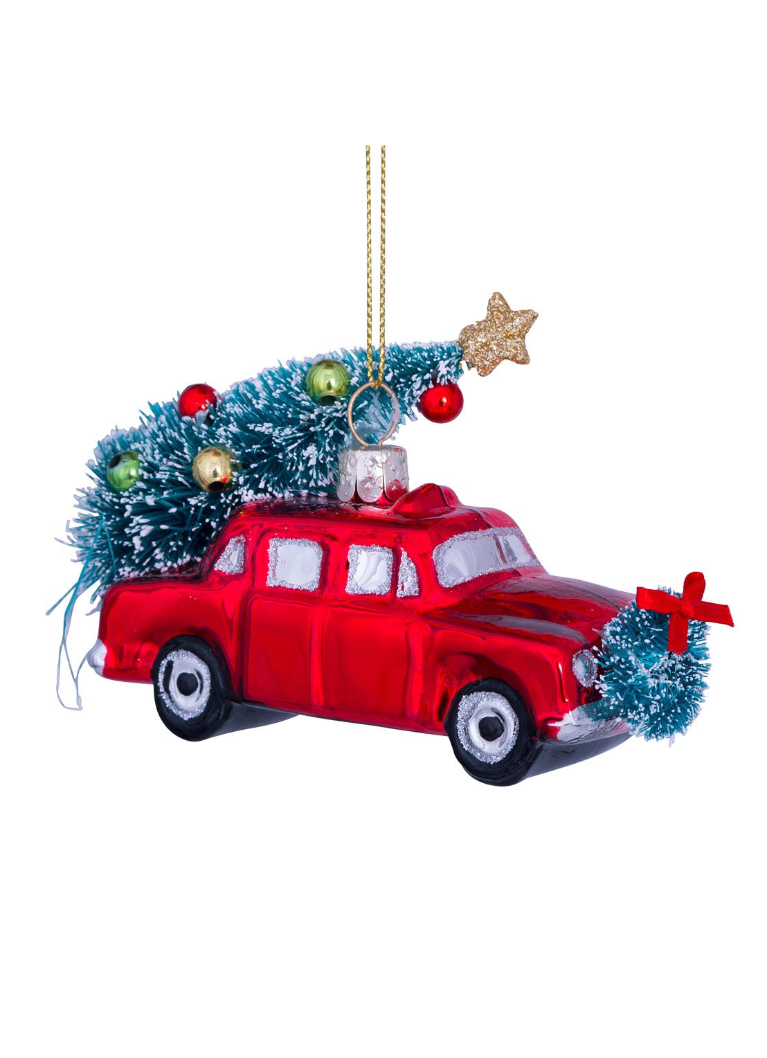 Vondels Auto met Kerstboom kersthanger 7,5 cm - voorkant 5 rood