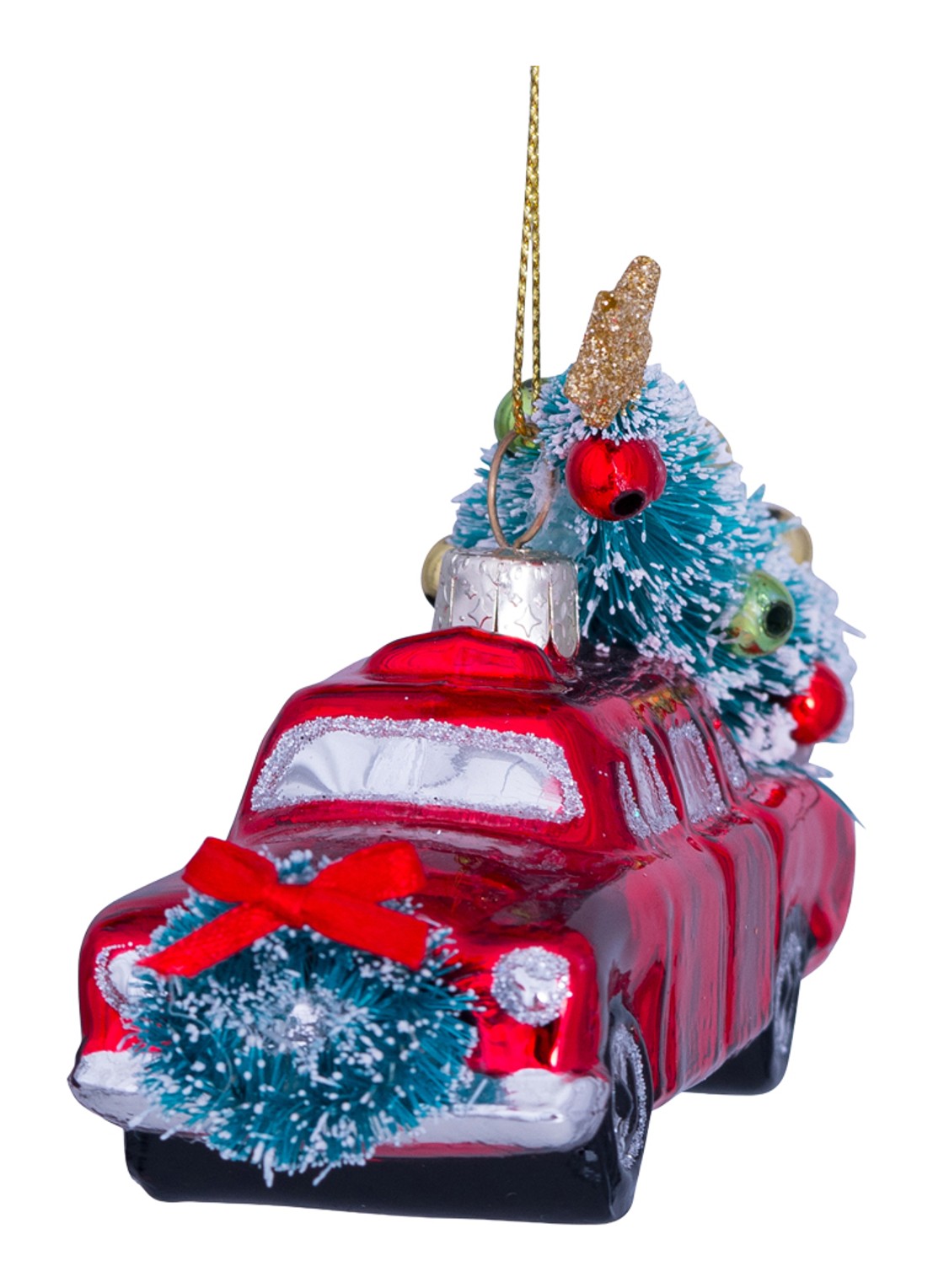 Vondels Auto met Kerstboom kersthanger 7,5 cm - voorkant 6 rood