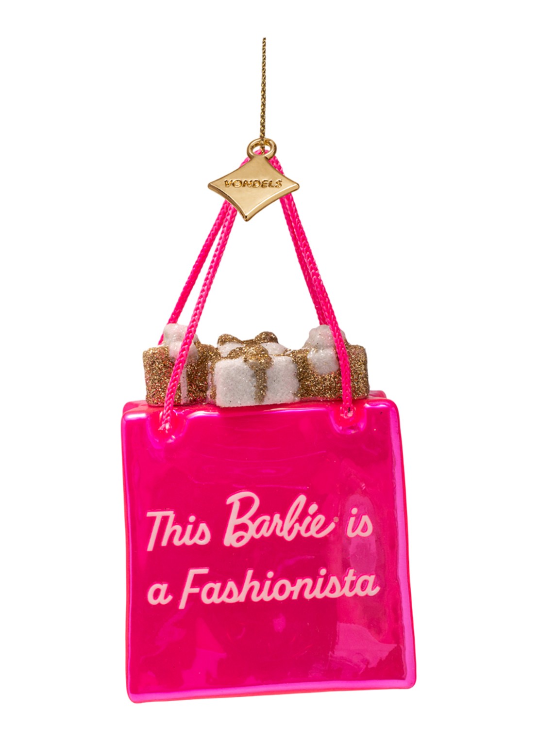 Vondels Barbie Tas met Cadeautjes hanger 8,5 cm - voorkant roze
