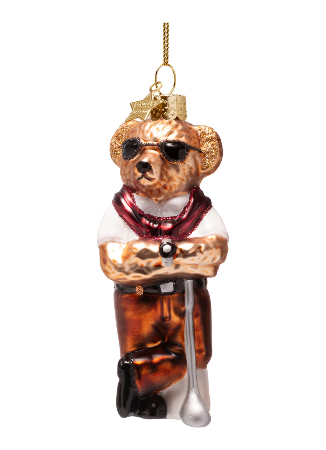 Vondels Beer in golfkleding kersthanger 11,5 cm - voorkant 2 bruin