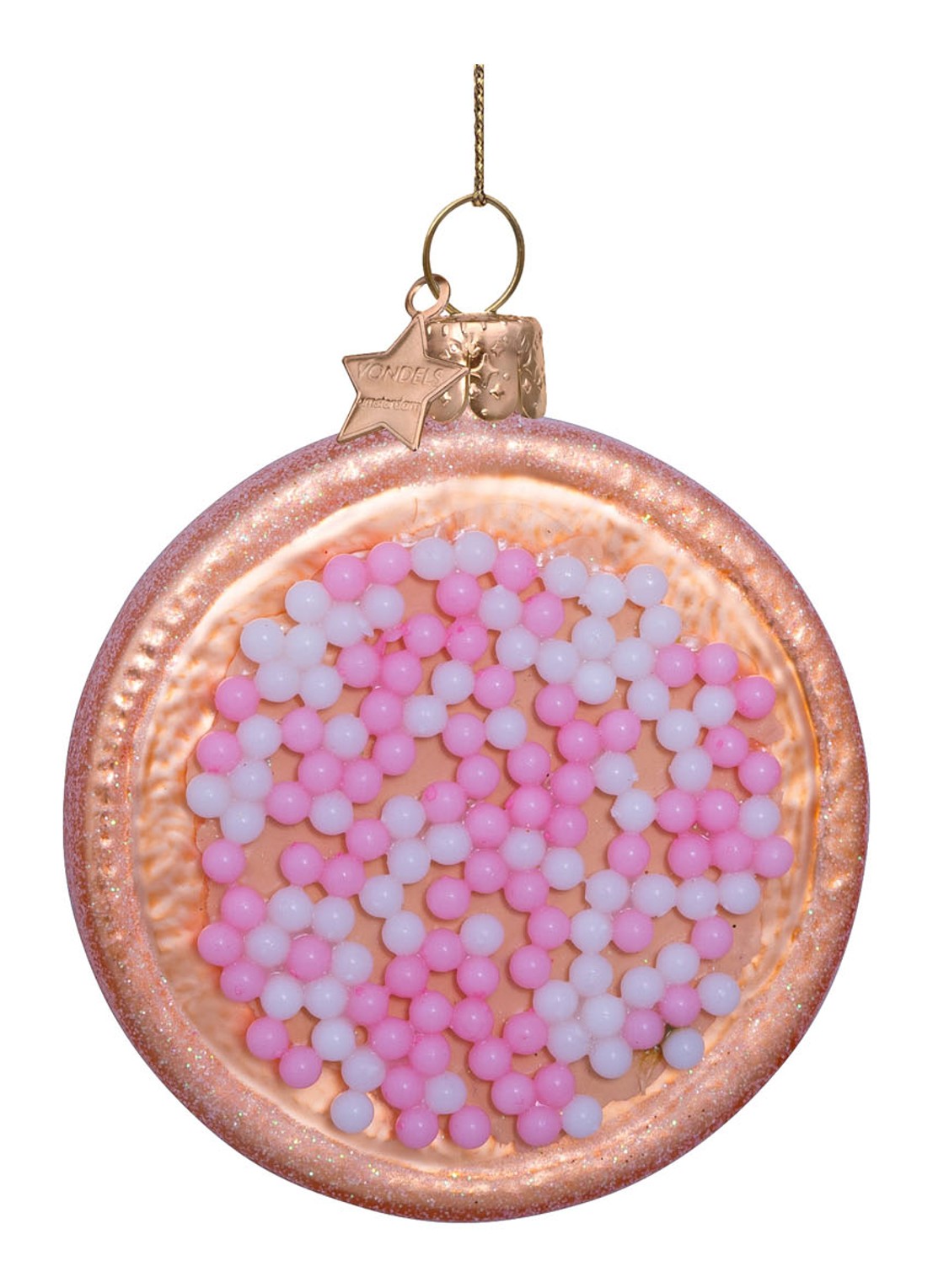 Vondels Beschuit met muisjes kersthanger 8.,5 cm - voorkant roze