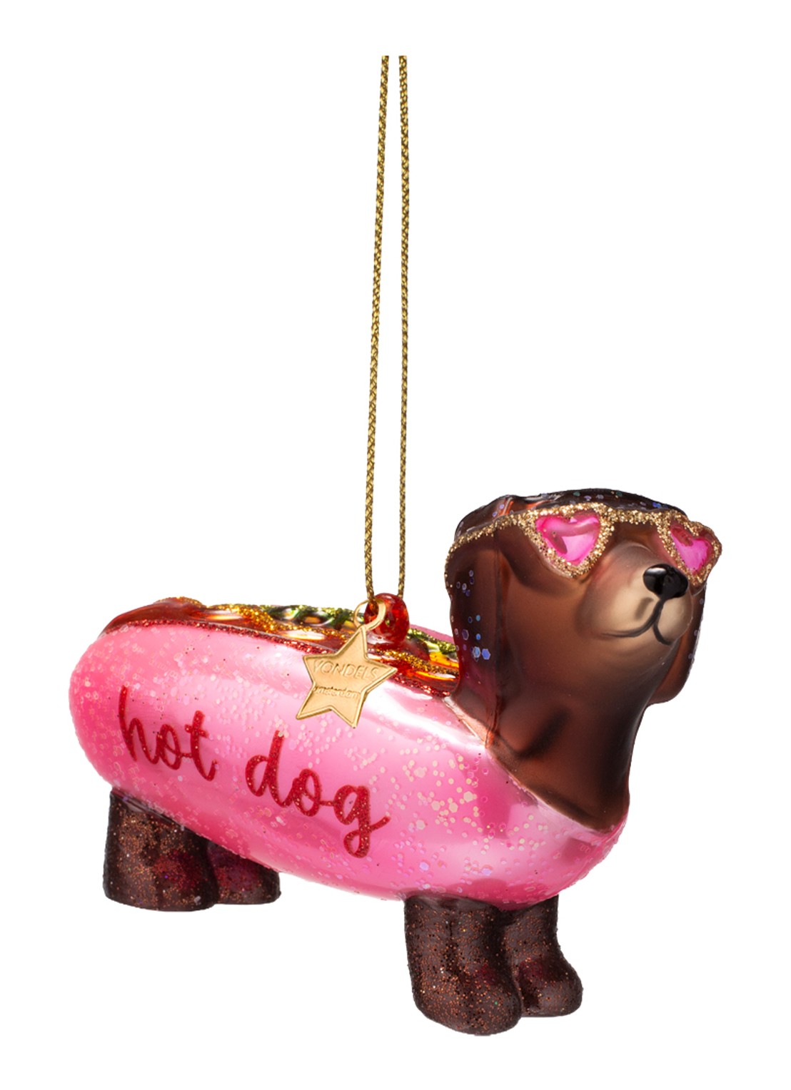 Vondels Bubblegum Hotdog Dachshund kersthanger 6 cm - detail roze