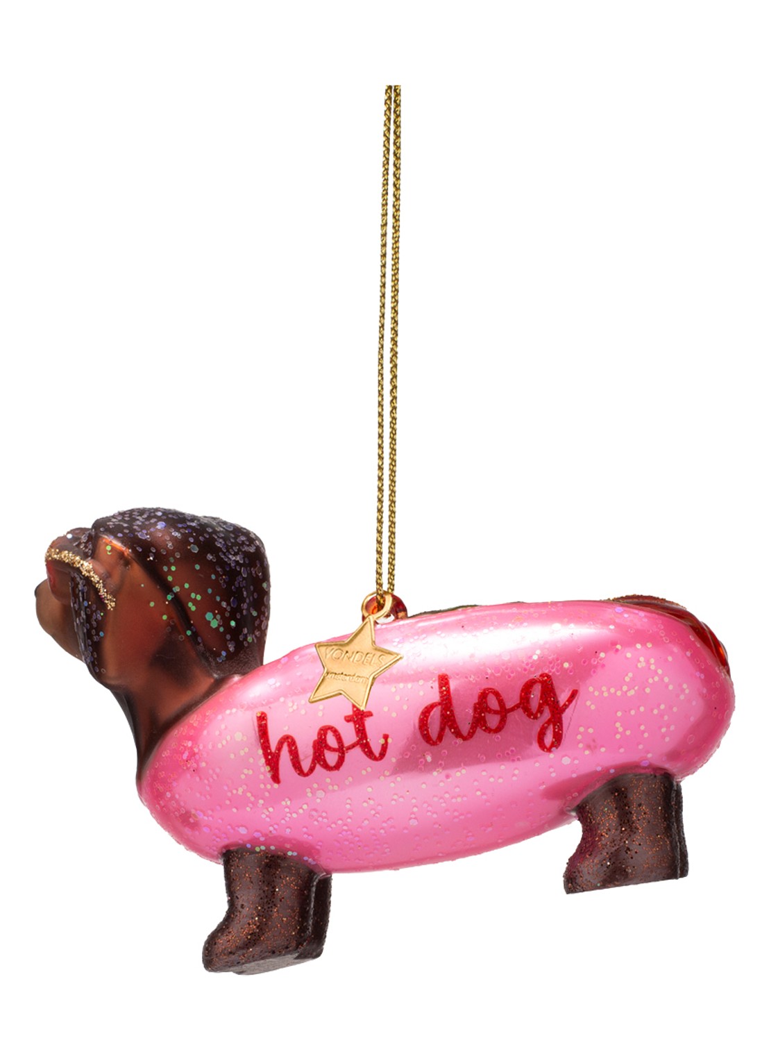 Vondels Bubblegum Hotdog Dachshund kersthanger 6 cm - detail 2 roze