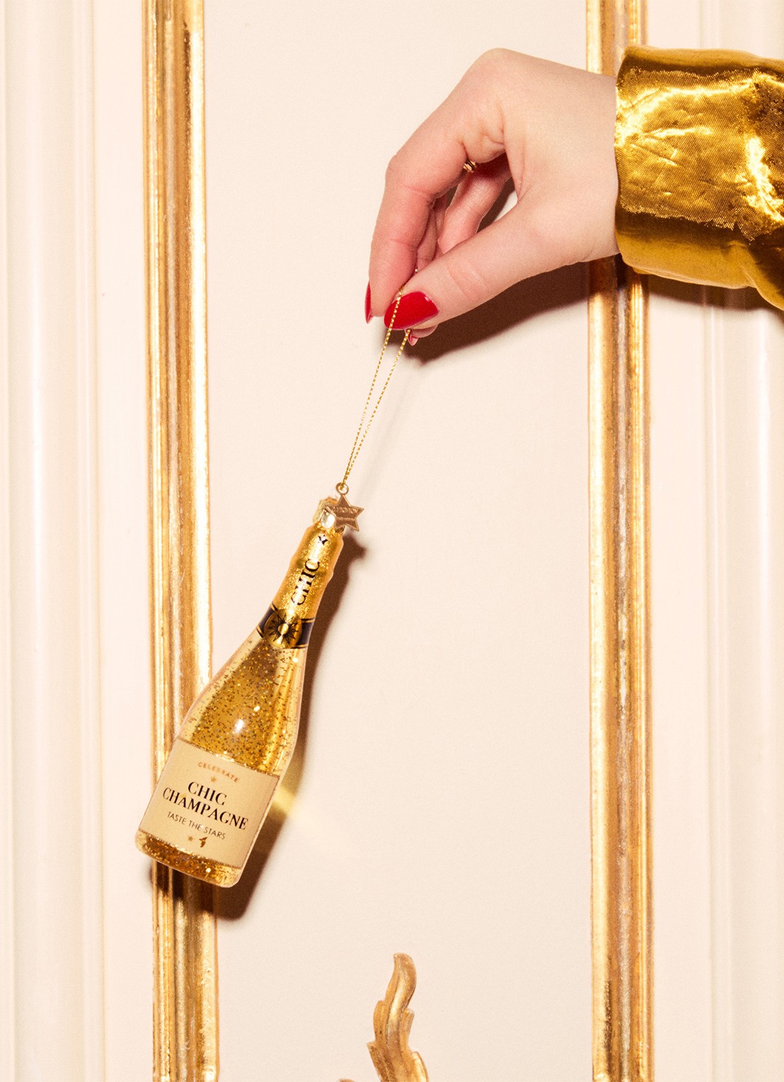 Vondels Champagne Fles kersthanger 15,5 cm - detail 2 goud