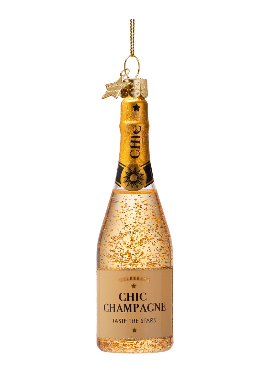 Vondels Champagne Fles kersthanger 15,5 cm - voorkant 4 goud