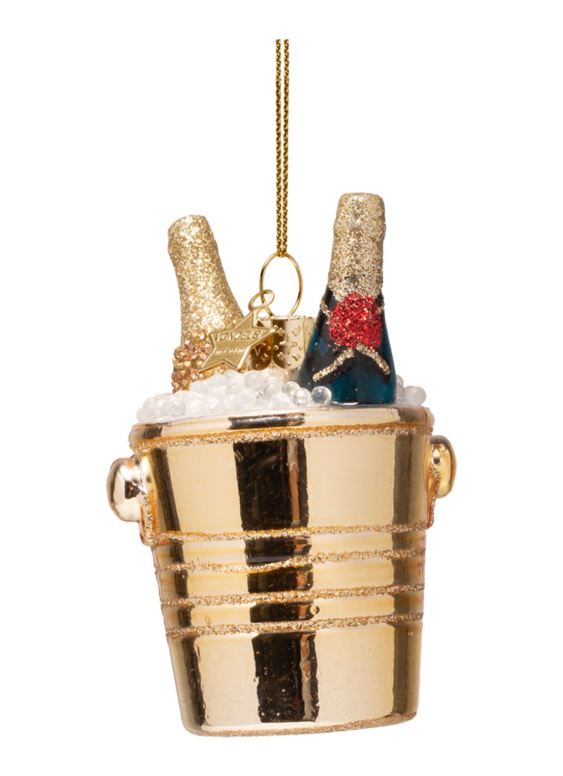 Vondels Champagne in koeler kersthanger 8,5 cm - voorkant 3 goud