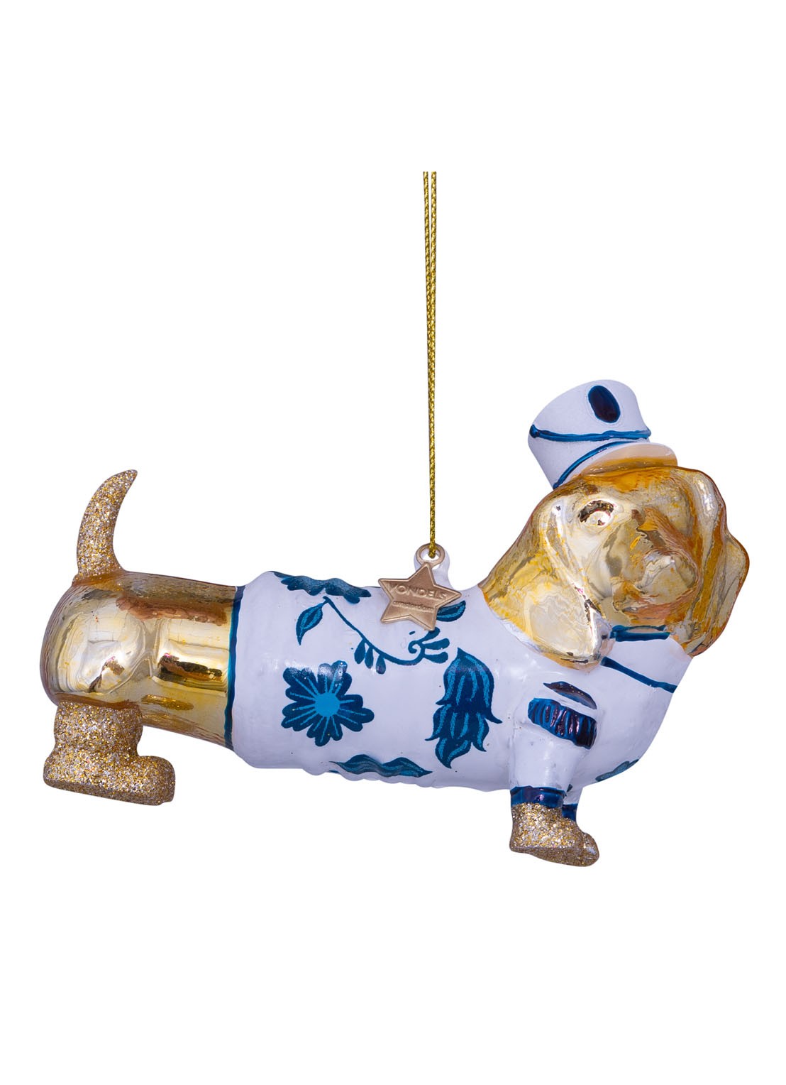 Vondels Delfts Blauwe Hond kersthanger 9 cm - voorkant goud