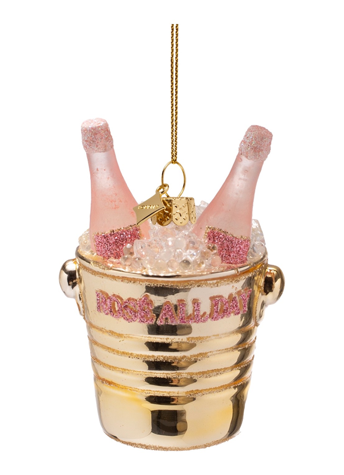 Vondels Flessen Rosé In Wijnkoeler kersthanger 9 cm - voorkant 3 goud