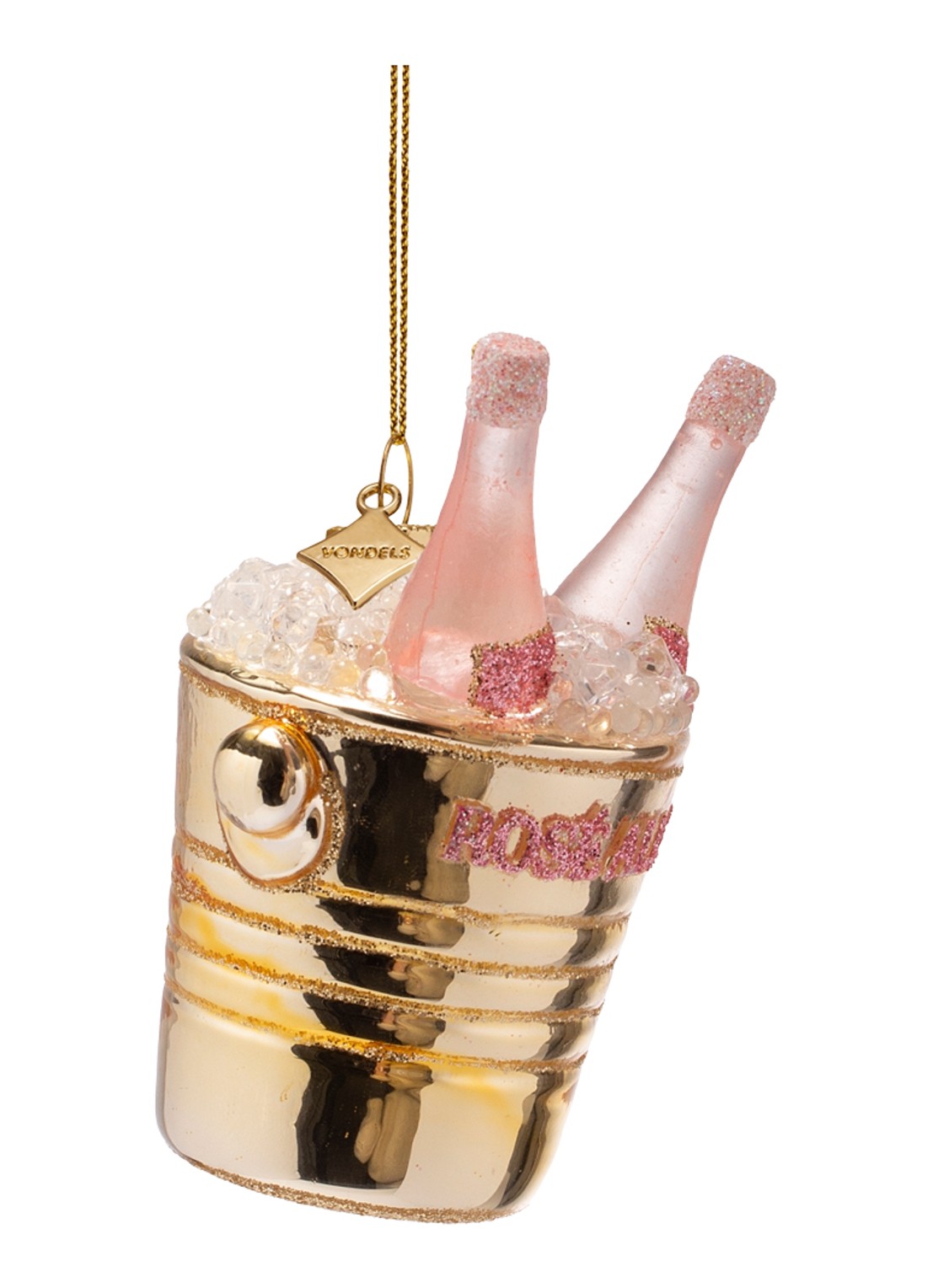 Vondels Flessen Rosé In Wijnkoeler kersthanger 9 cm - voorkant 4 goud