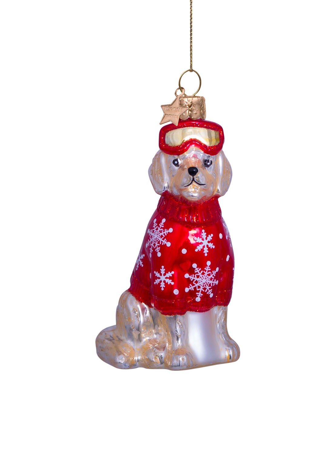 Vondels Golden retriever in ski outfit kersthanger 9,5 cm - voorkant rood
