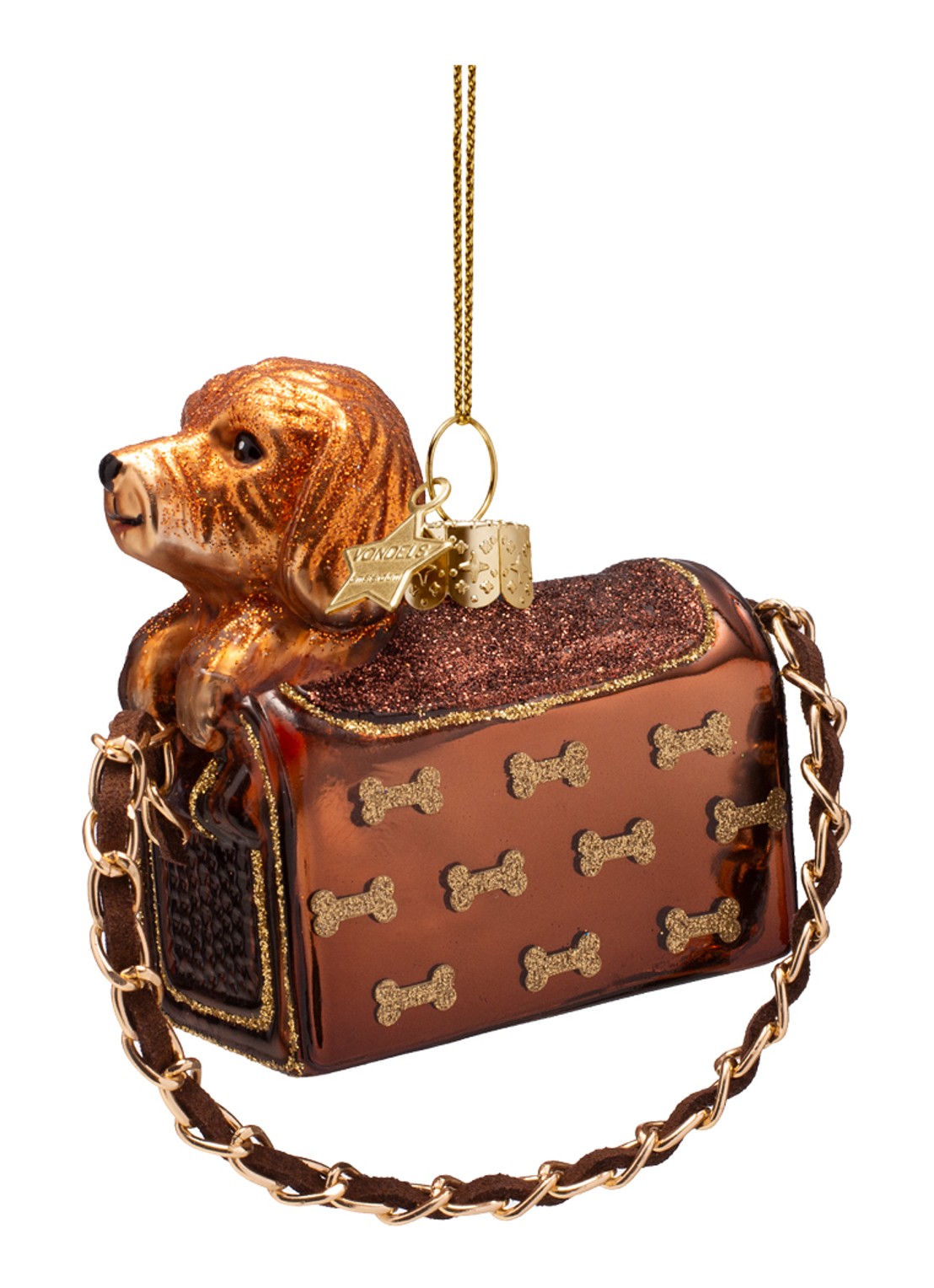 Vondels Hond In Tas Met Glitterbotten kersthanger 7,5 cm - voorkant 3 roodbruin