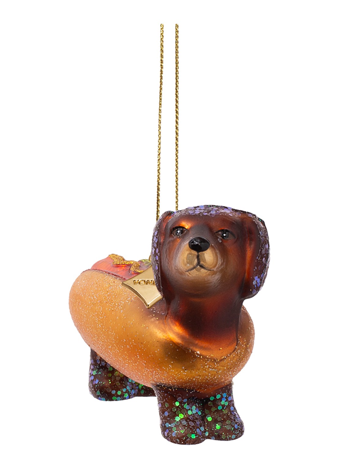 Vondels Hotdog Teckel kersthanger 6 cm - voorkant bruin