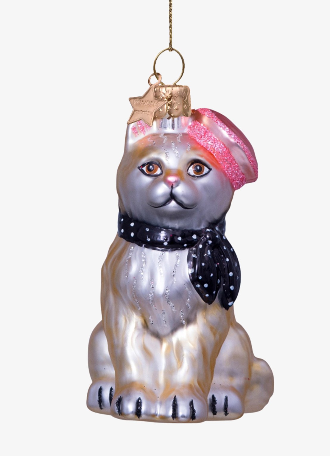 Vondels Kat met barret en sjaal kersthanger 8,5 cm - voorkant gebroken wit