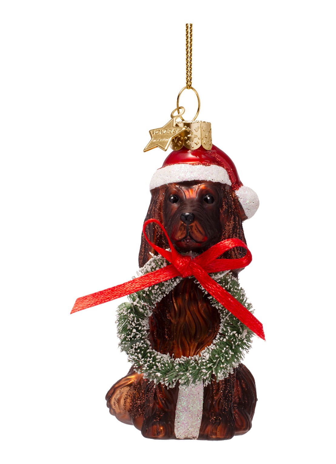 Vondels Kerst Hond Met Lauwerkrans kersthanger 8 cm - voorkant bruin