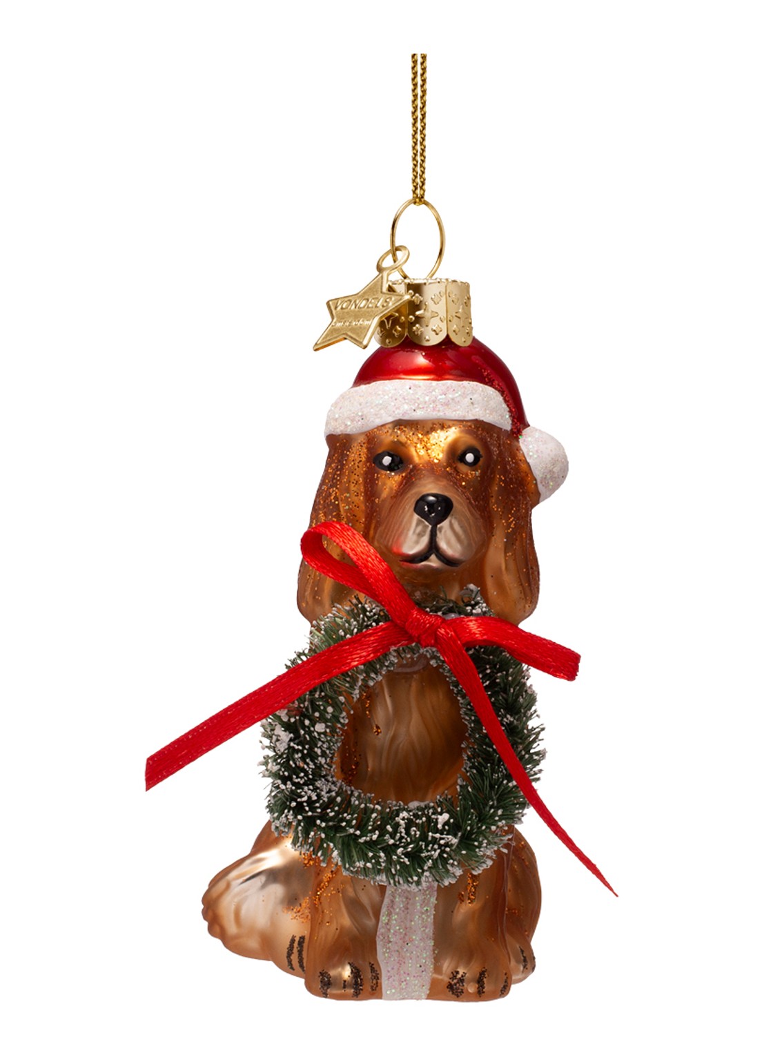 Vondels Kerst Hond Met Lauwerkrans kersthanger 9 cm - voorkant cognac
