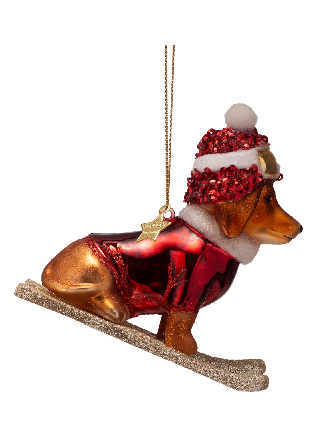 Vondels Kersthond op ski's kersthanger 9,5 cm - detail rood