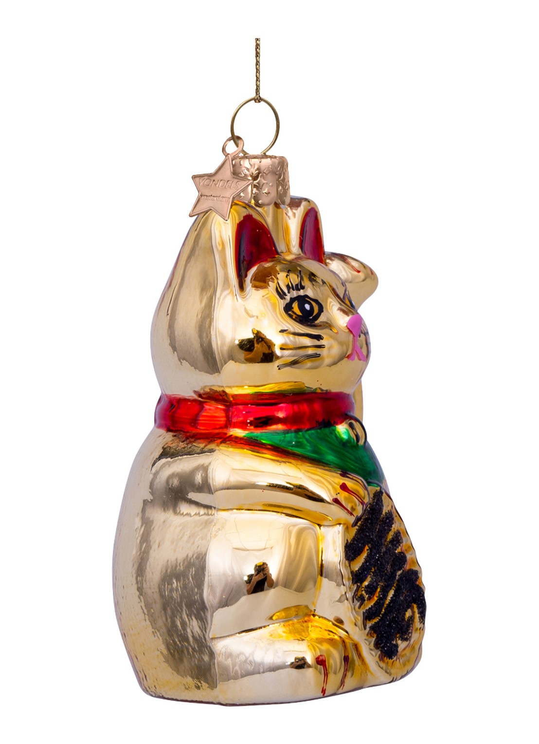 Vondels Lucky Cat kersthanger 10 cm - voorkant 3 goud