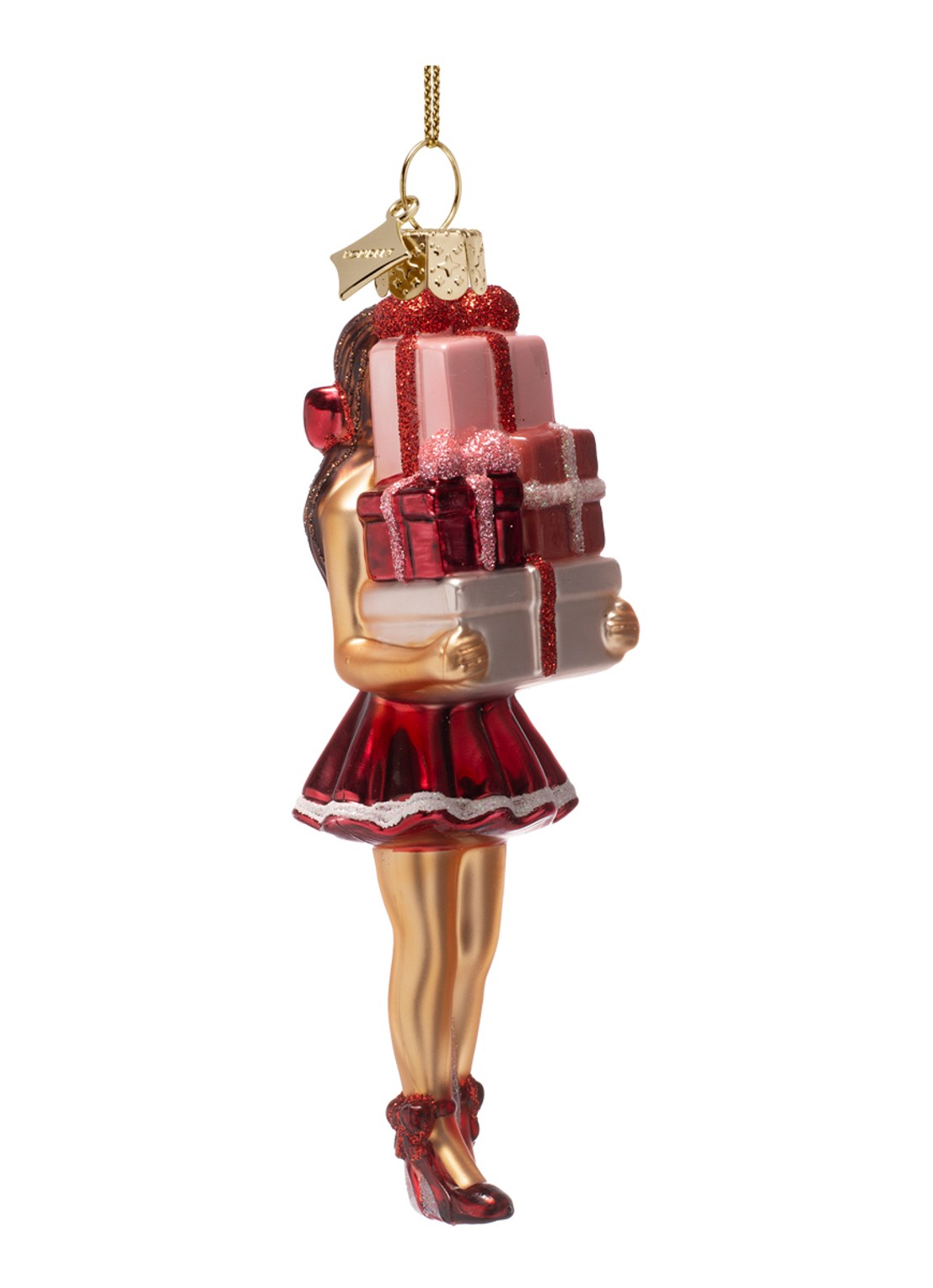 Vondels Meisje met geschenkdozen kersthanger 14,5 cm - voorkant rood