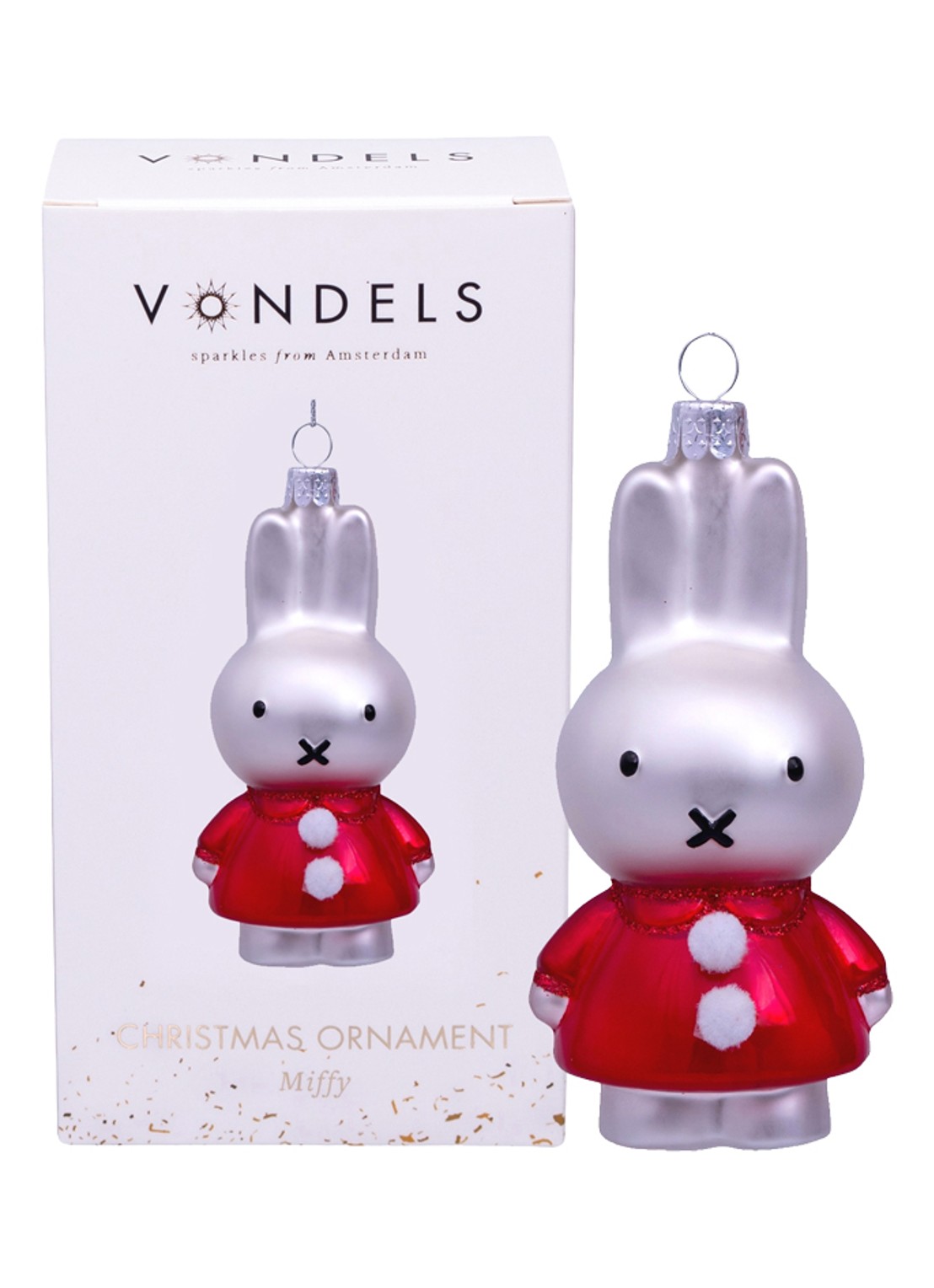 Vondels Nijntje/Miffy in kerstjurk kersthanger 11,5 cm - voorkant 2 rood