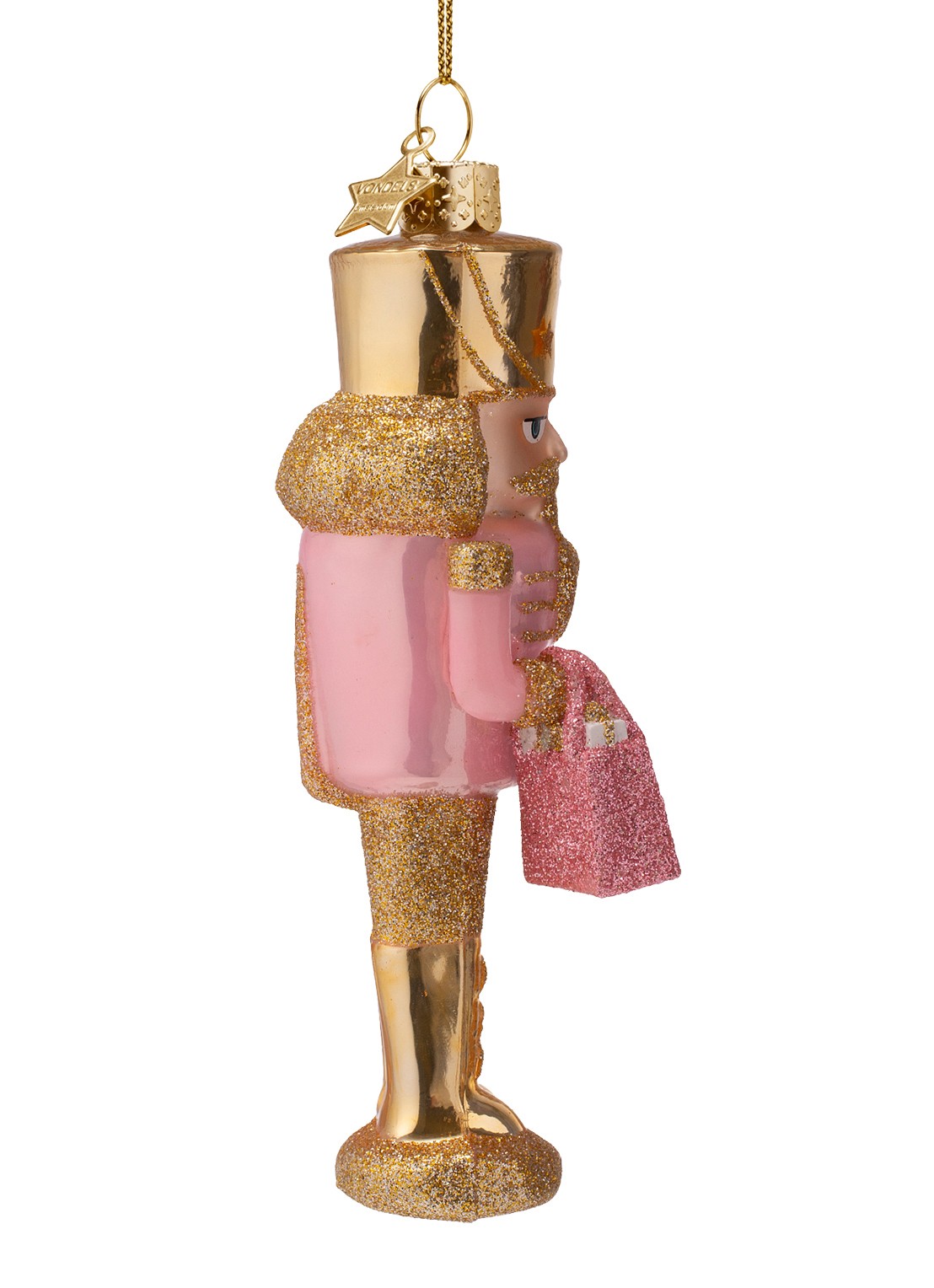 Vondels Notenkraker met boodschappentas kersthanger 15,5 cm - achterkant 3 roze