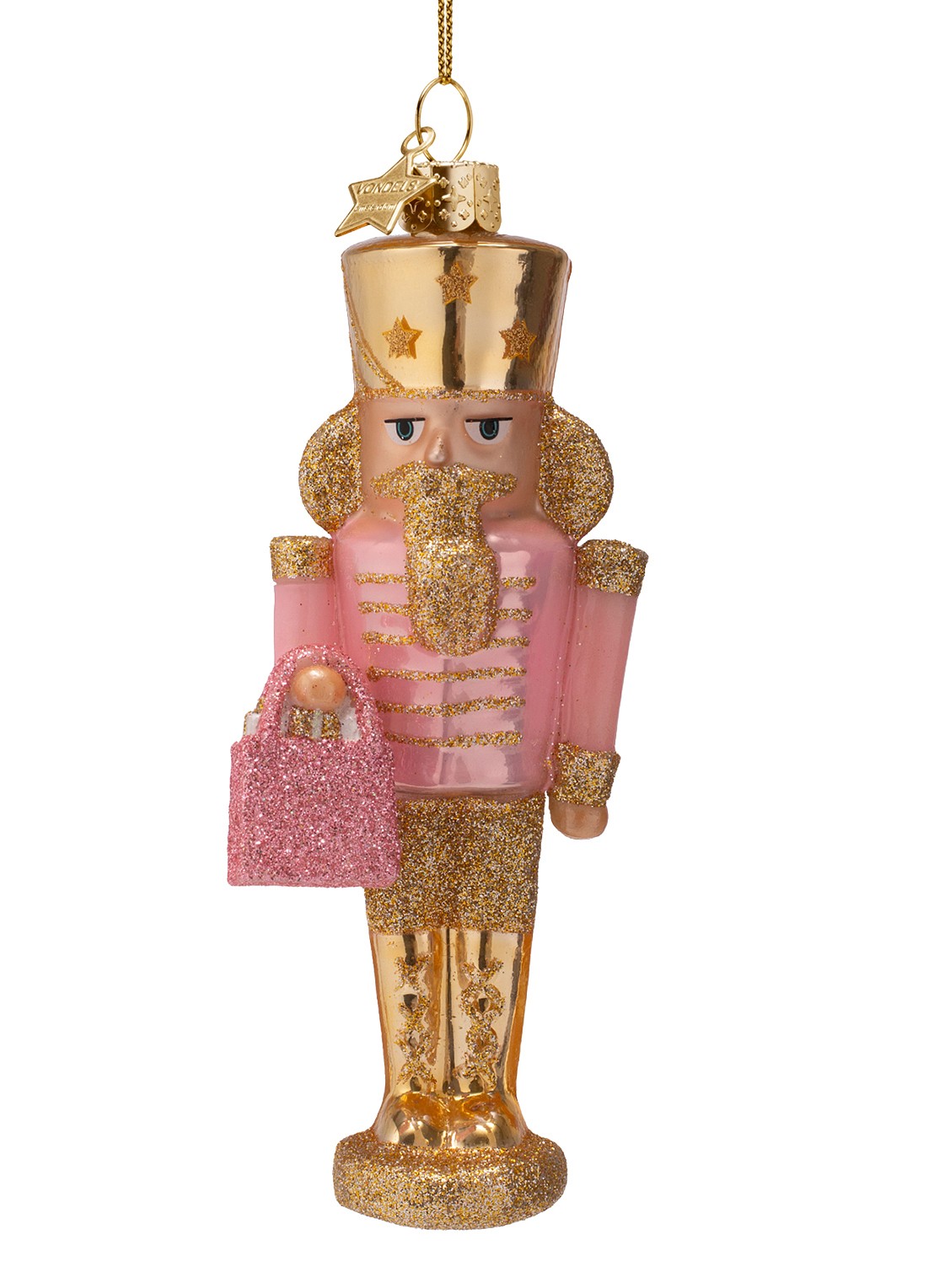 Vondels Notenkraker met boodschappentas kersthanger 15,5 cm - voorkant roze