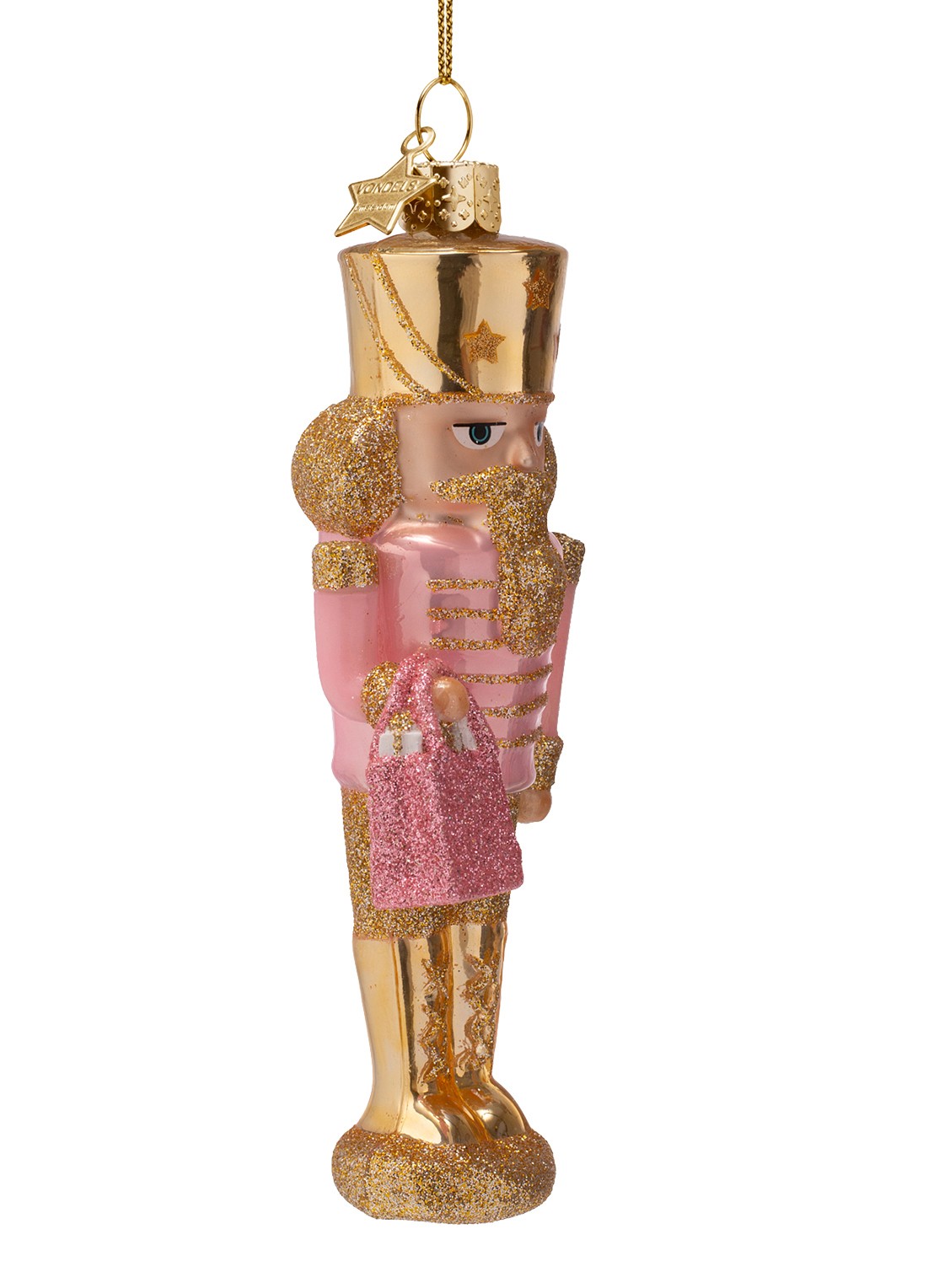 Vondels Notenkraker met boodschappentas kersthanger 15,5 cm - voorkant 2 roze