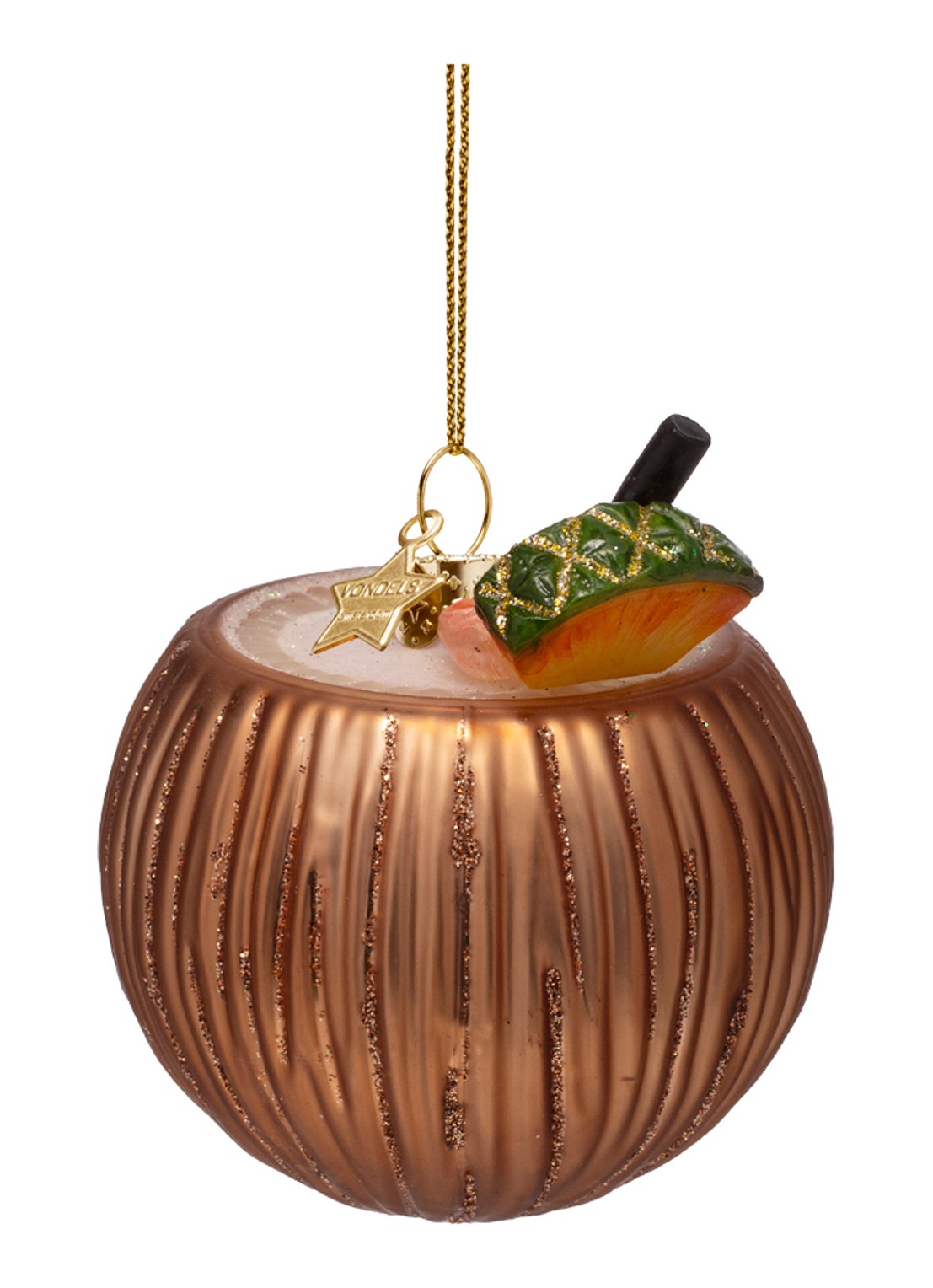 Vondels Pina Colada cocktail kokosnoot kersthanger 8 cm - achterkant brons