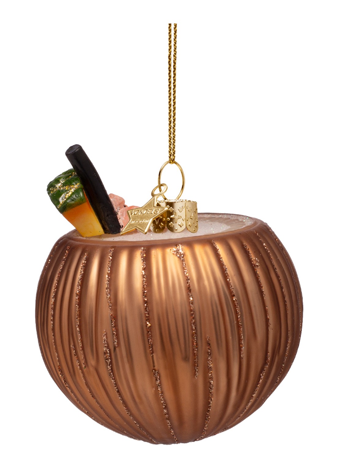 Vondels Pina Colada cocktail kokosnoot kersthanger 8 cm - detail 2 brons