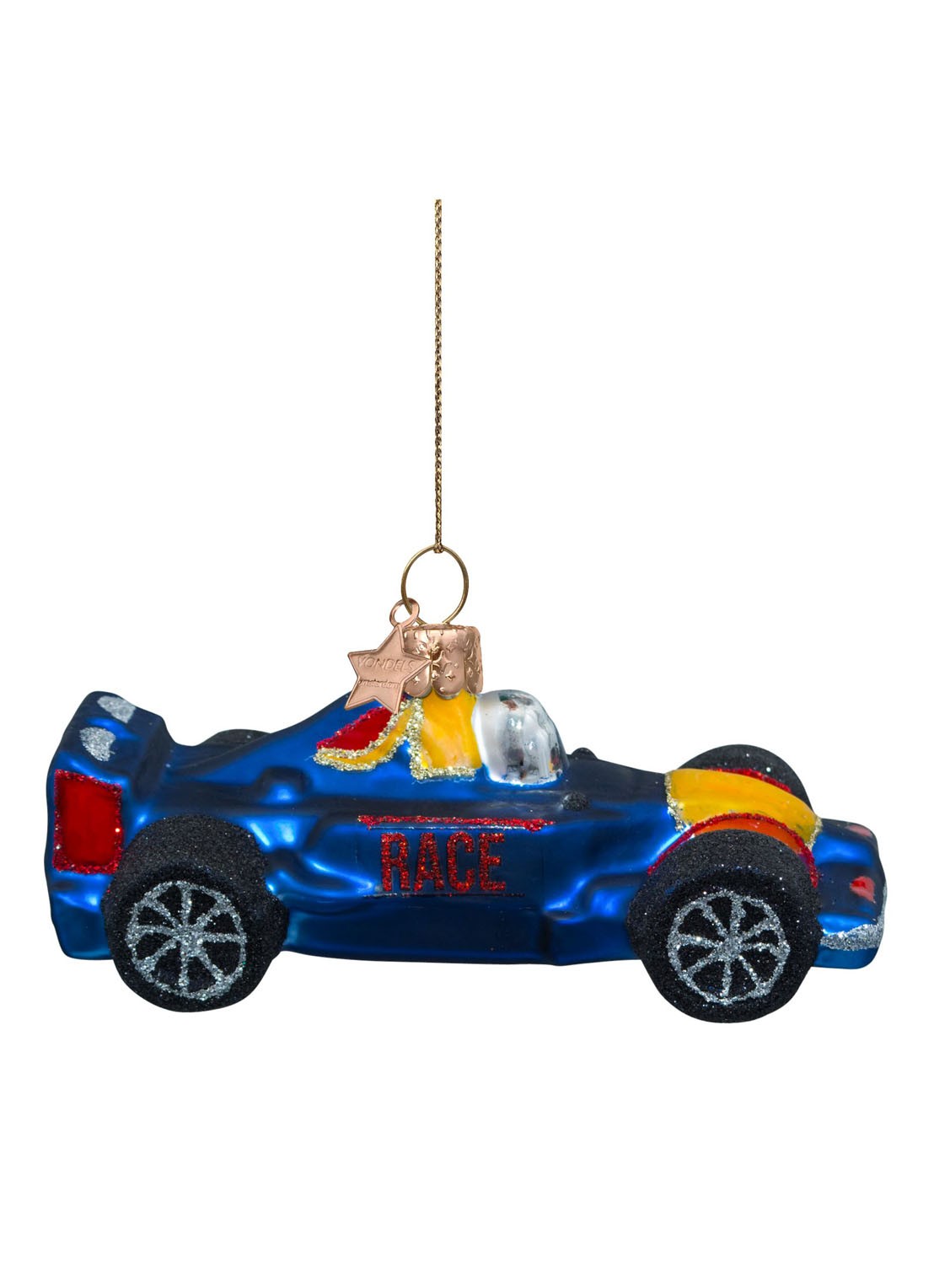 Vondels Raceauto kersthanger 5 cm - voorkant 2 kobaltblauw