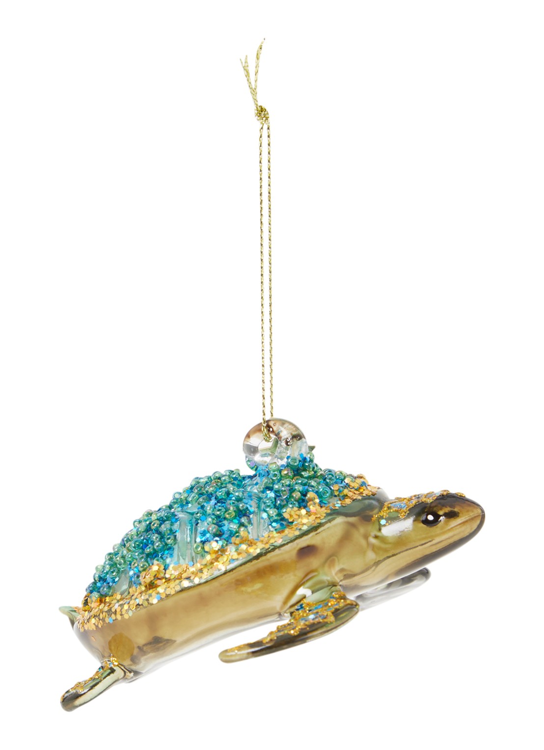 Vondels Schildpad met glitter kersthanger 7 cm - voorkant turquoise