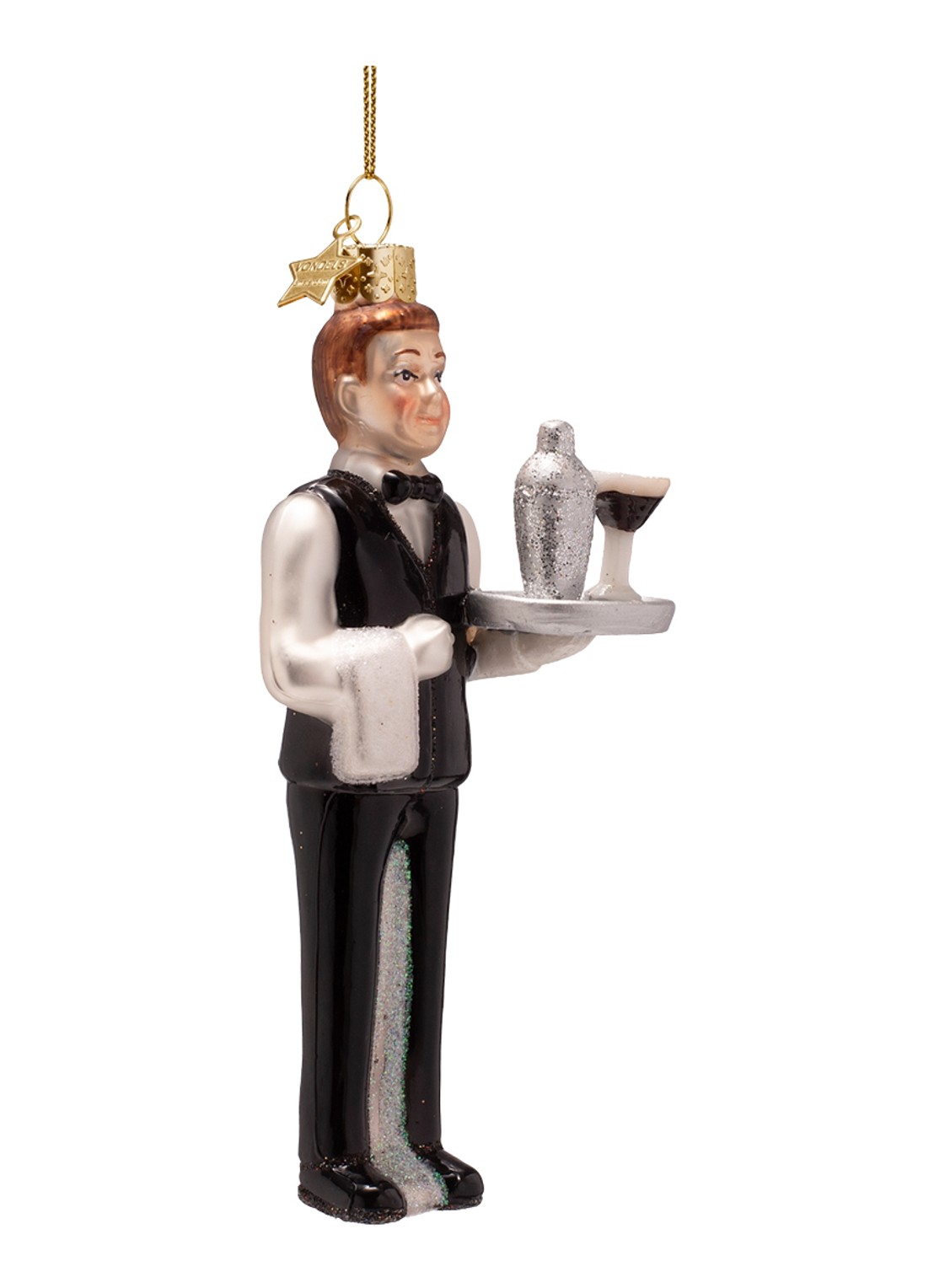 Vondels Serveerster met cocktail kersthanger 13 cm - voorkant 2 zwart