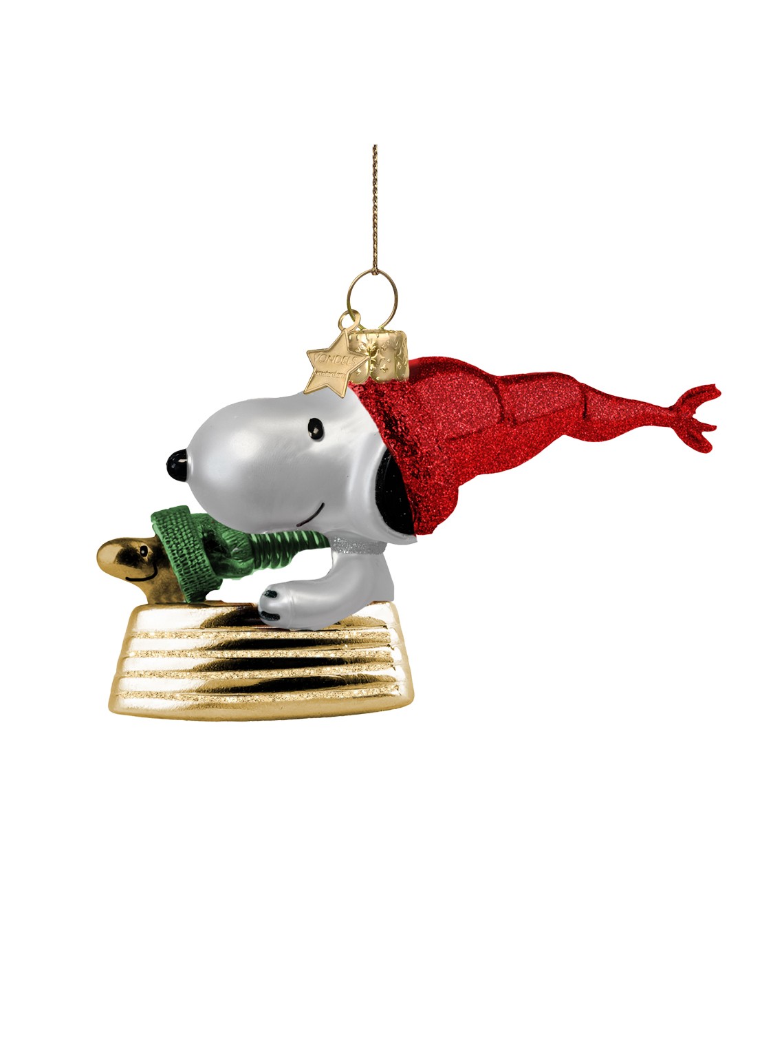 Vondels Snoopy En Woodstock Op De Slee kersthanger 7,5 cm - voorkant 3 goud