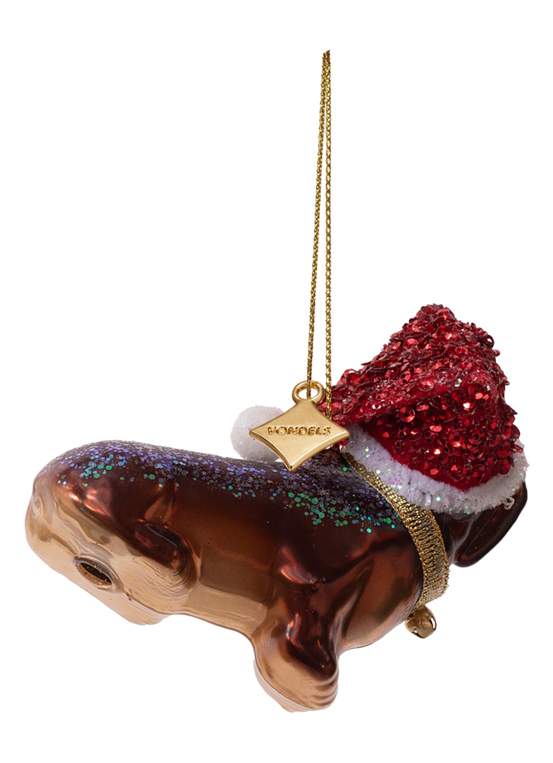 Vondels Teckel met kerstmuts kersthanger 8 cm - achterkant 3 bruin