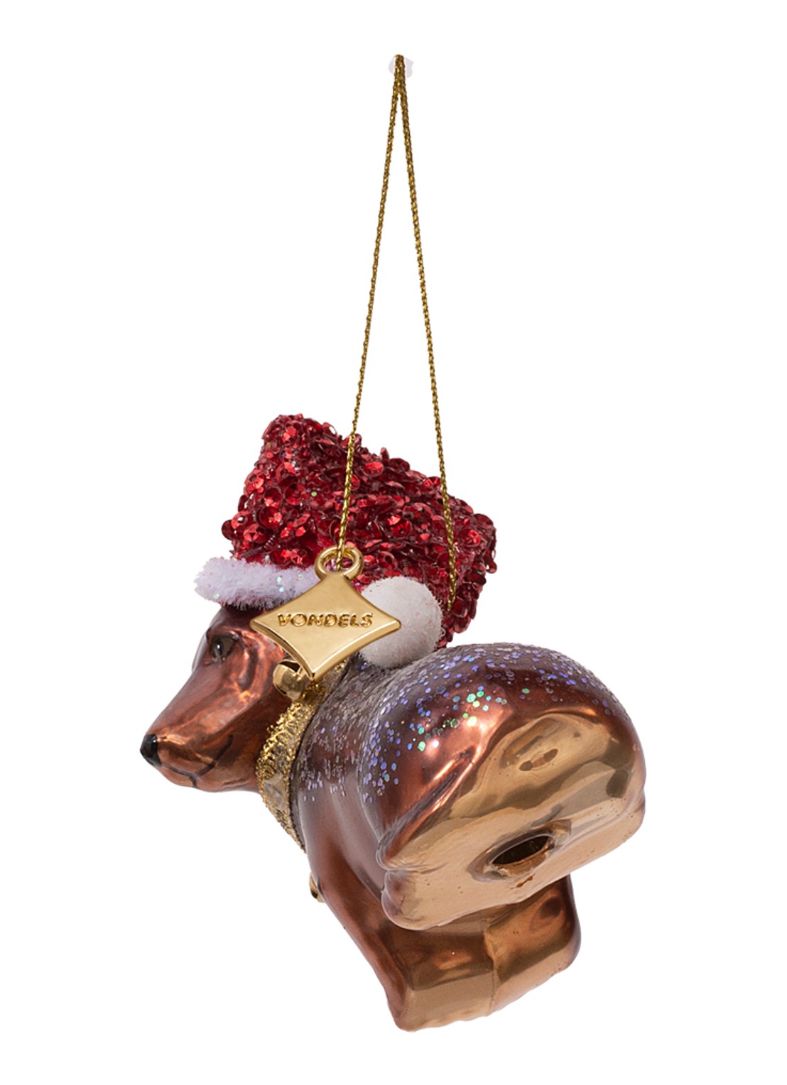 Vondels Teckel met kerstmuts kersthanger 8 cm - detail bruin