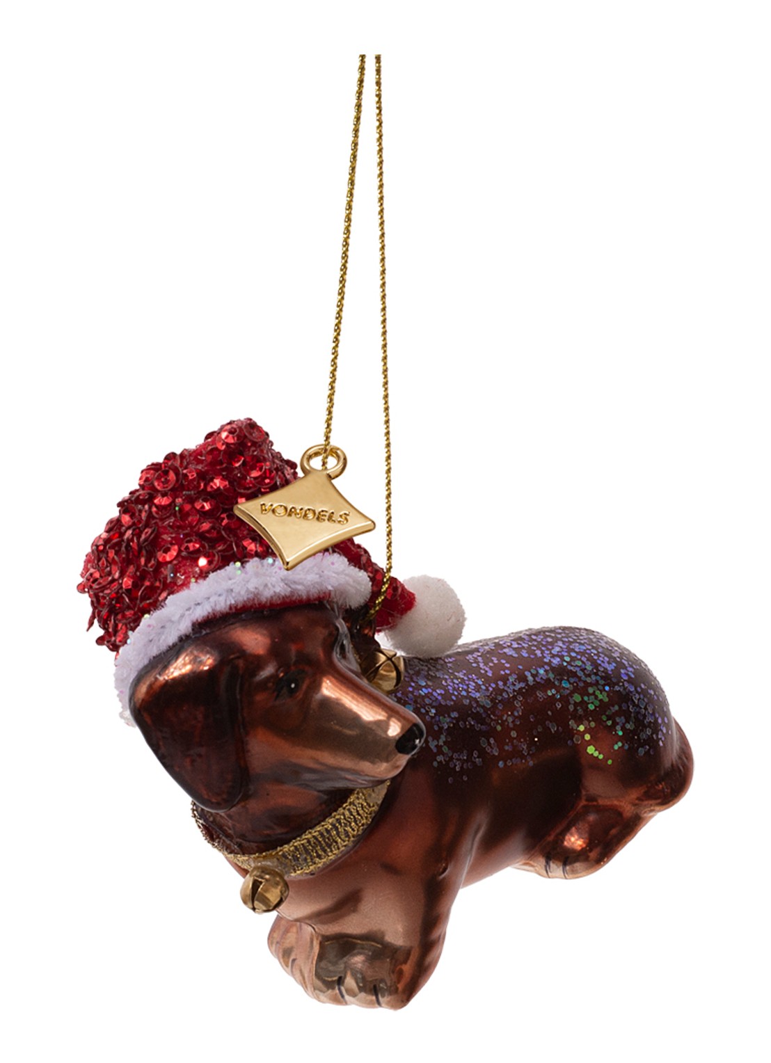 Vondels Teckel met kerstmuts kersthanger 8 cm - voorkant 4 bruin