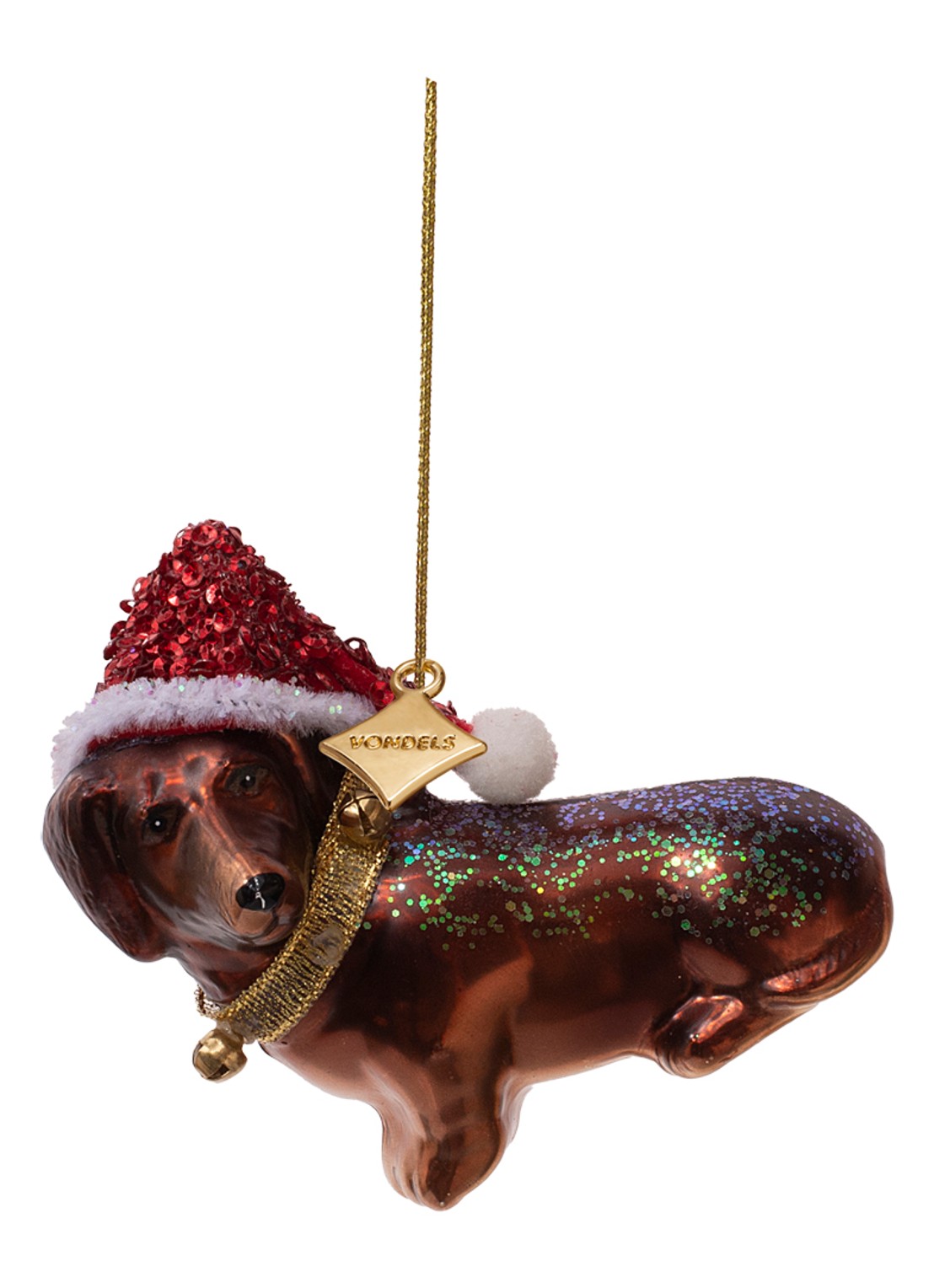 Vondels Teckel met kerstmuts kersthanger 8 cm - voorkant 5 bruin