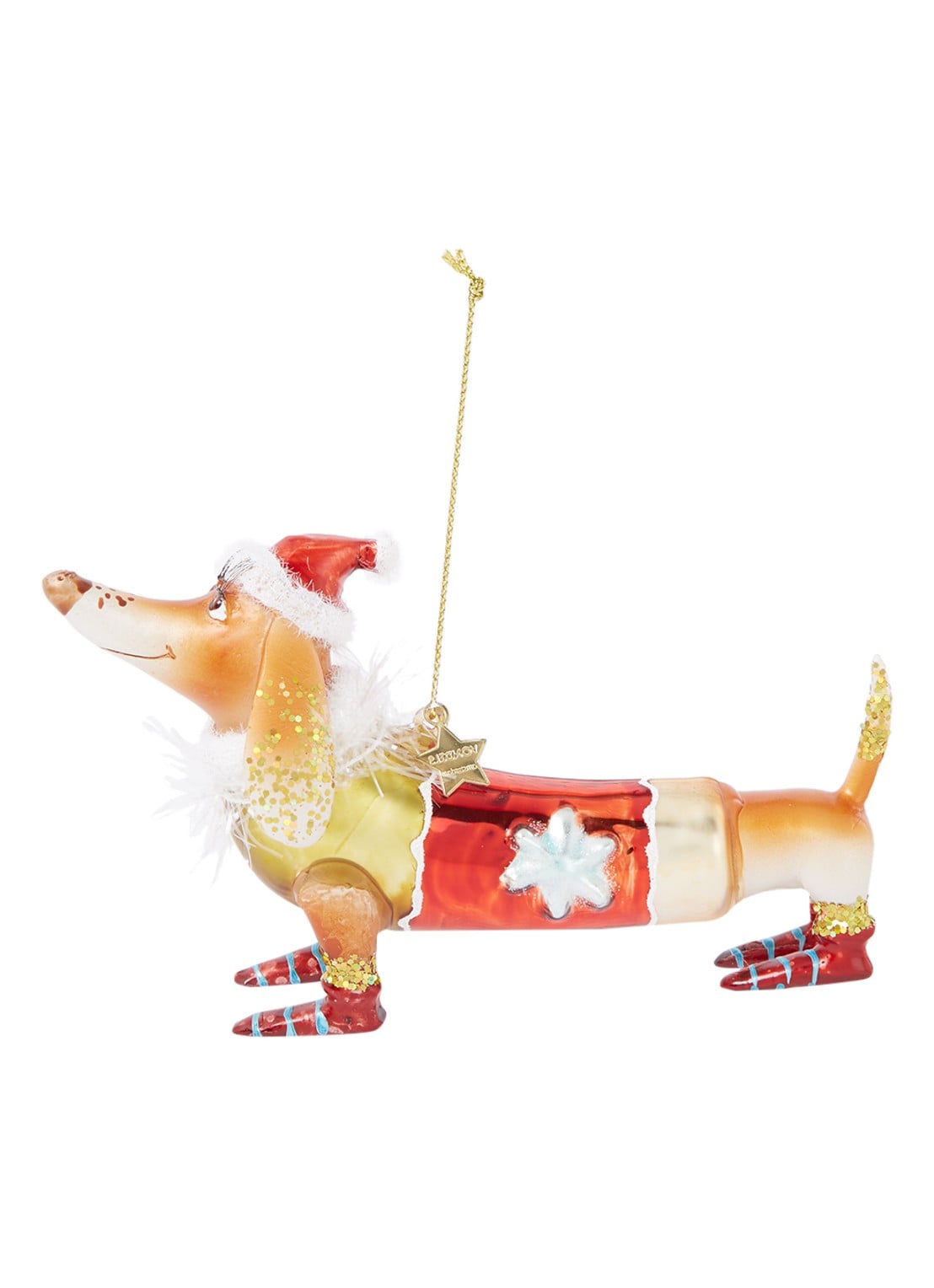 Vondels Teckel Met Kerstmuts kersthanger 9,5 cm - voorkant lichtbruin