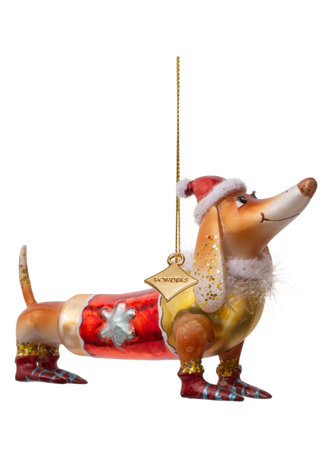 Vondels Teckel met kerstmuts kersthanger 9 cm - voorkant 2 bruin