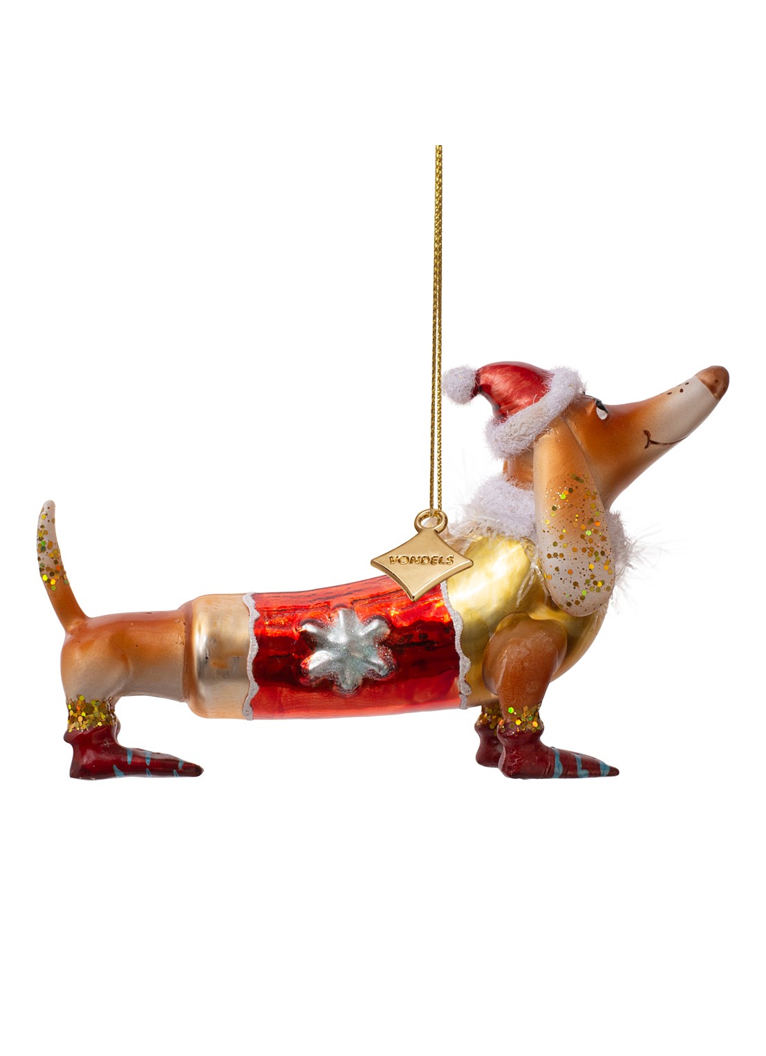 Vondels Teckel met kerstmuts kersthanger 9 cm - voorkant 3 bruin