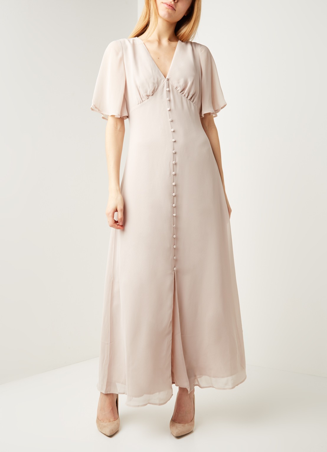 Warehouse Maxi jurk met vlindermouw en keyhole - detail 4 taupe