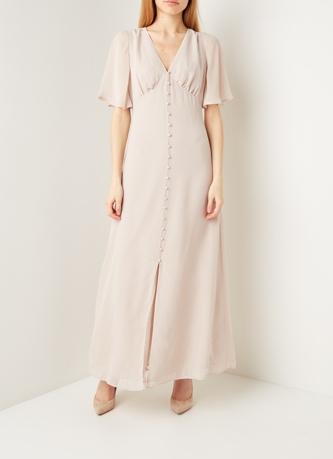 Warehouse Maxi jurk met vlindermouw en keyhole - voorkant 3 taupe